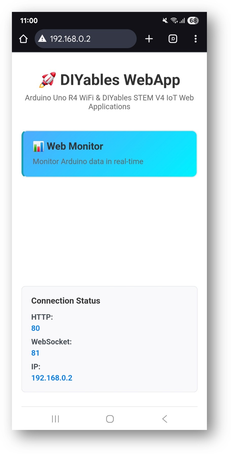 Arduino UNO R4 DIYables WebApp Home page with Web Monitor app