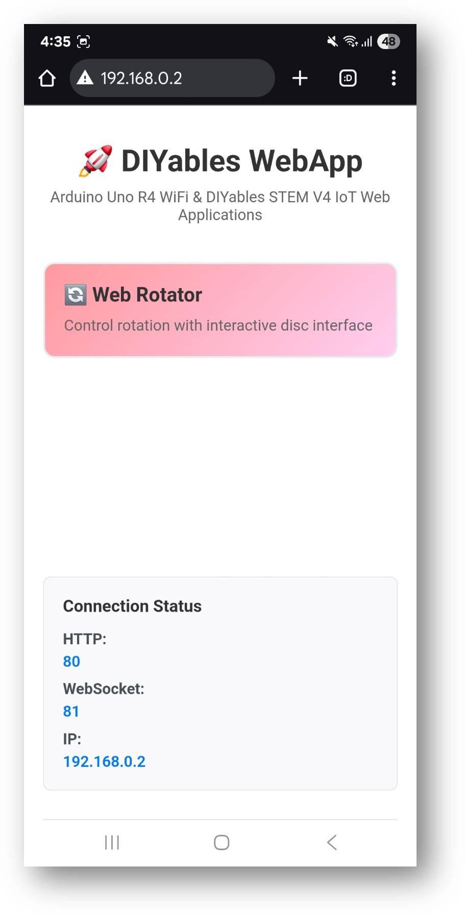 Arduino UNO R4 DIYables WebApp Home page with Web Rotator app