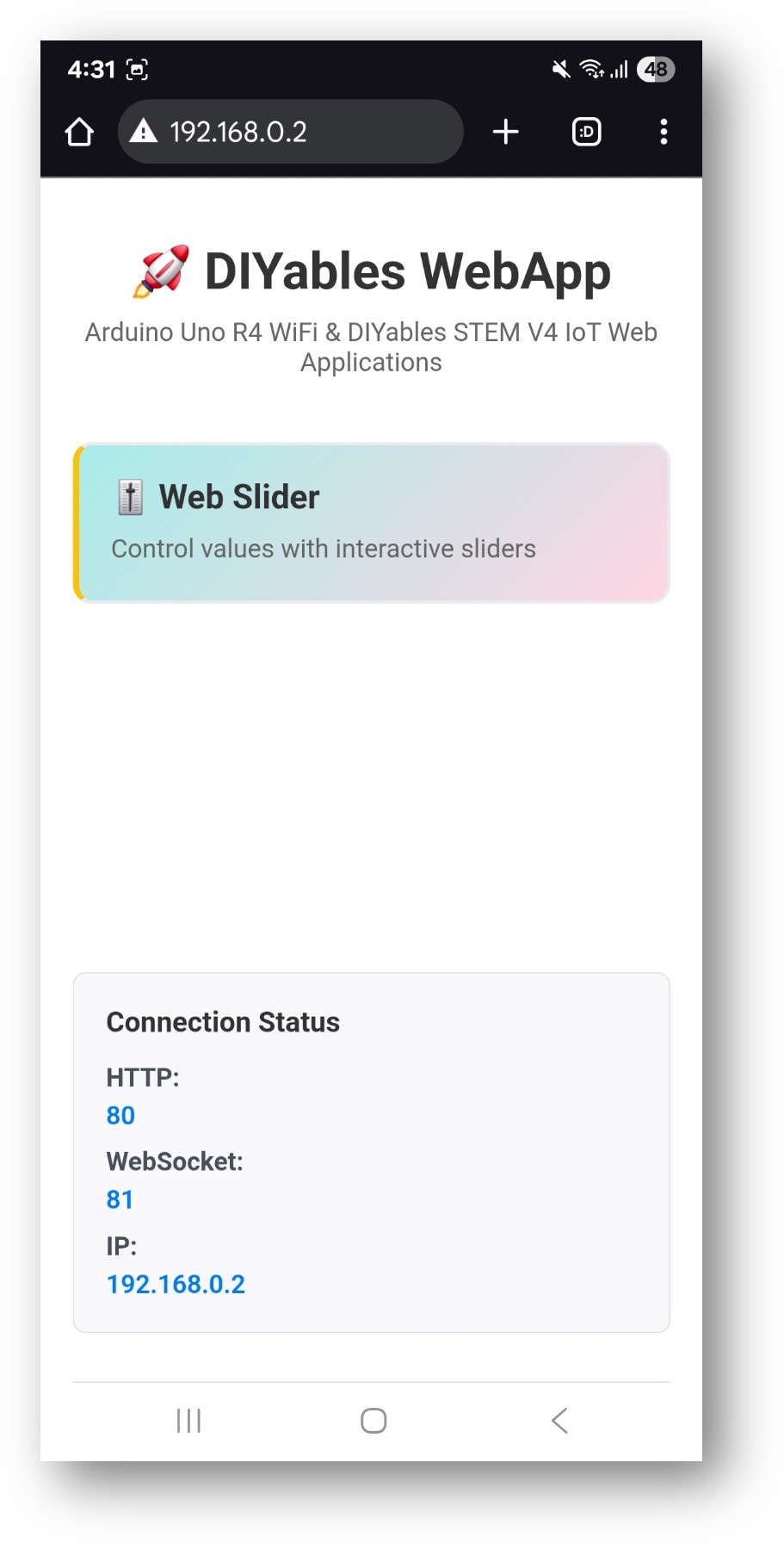 Arduino UNO R4 DIYables WebApp Home page with Web Slider app