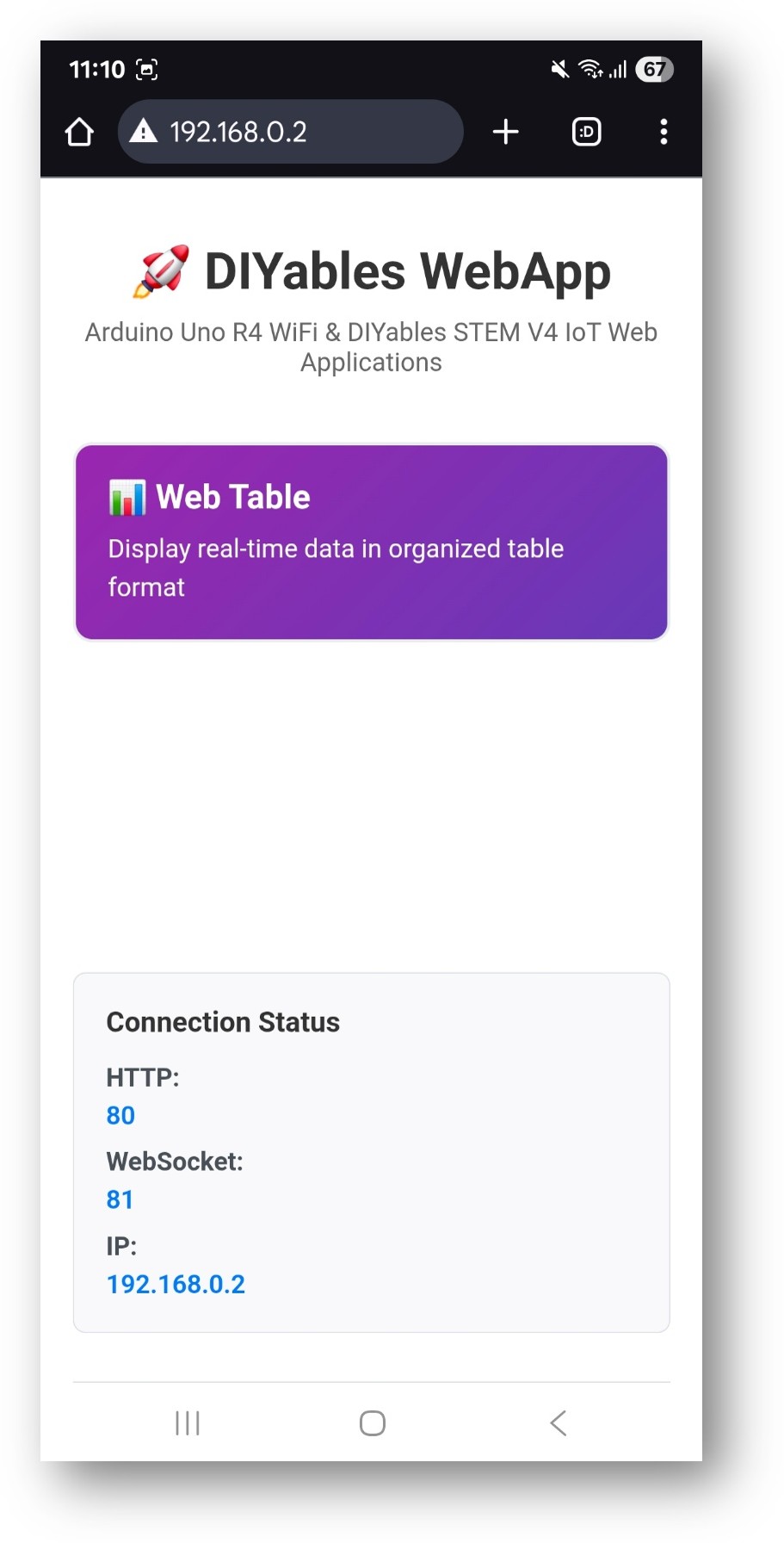 Arduino UNO R4 DIYables WebApp Home page with Web Table app