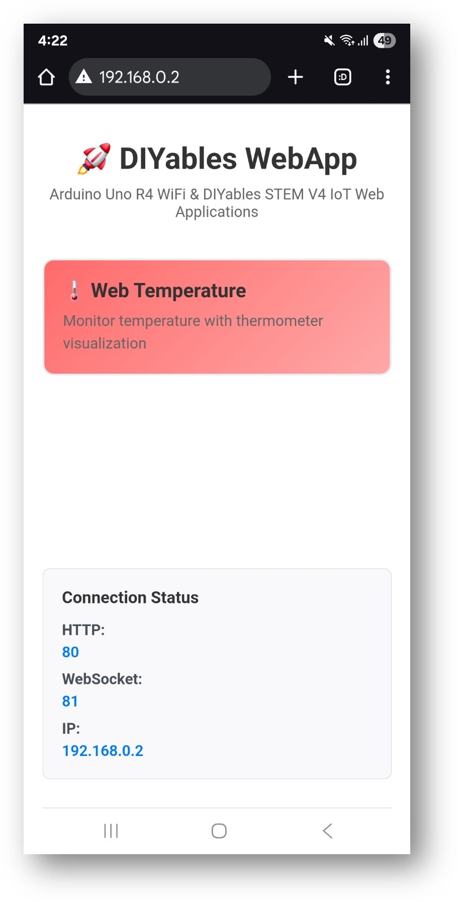 Arduino UNO R4 DIYables WebApp Home page with Web Temperature app