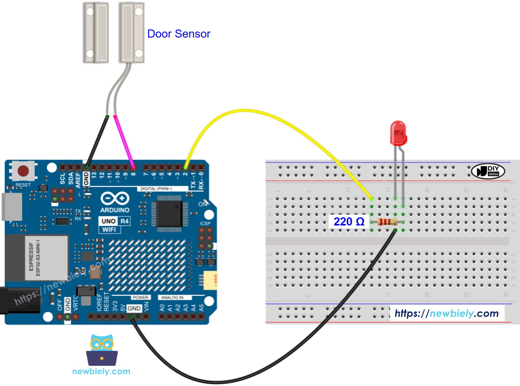 The wiring diagram between Arduino UNO R4 door sensor LED