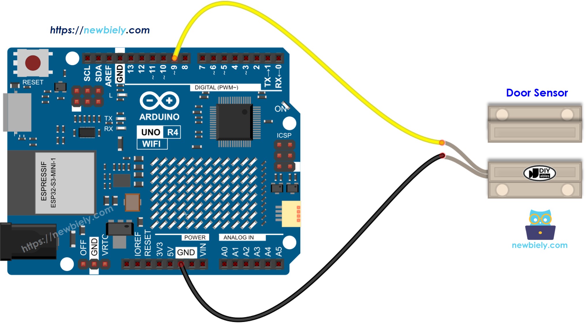 The wiring diagram between Arduino UNO R4 Door Sensor