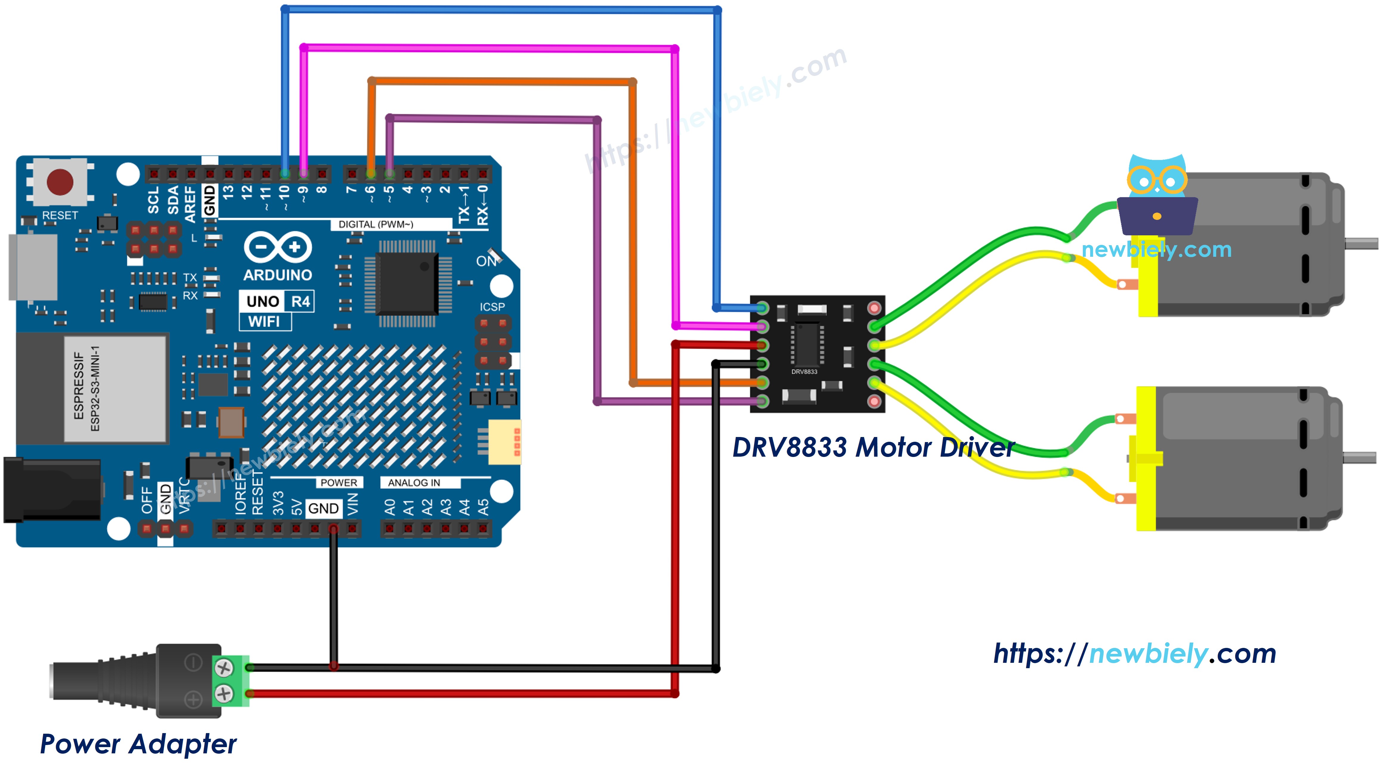 The wiring diagram between Arduino UNO R4 DRV8833 two DC motors