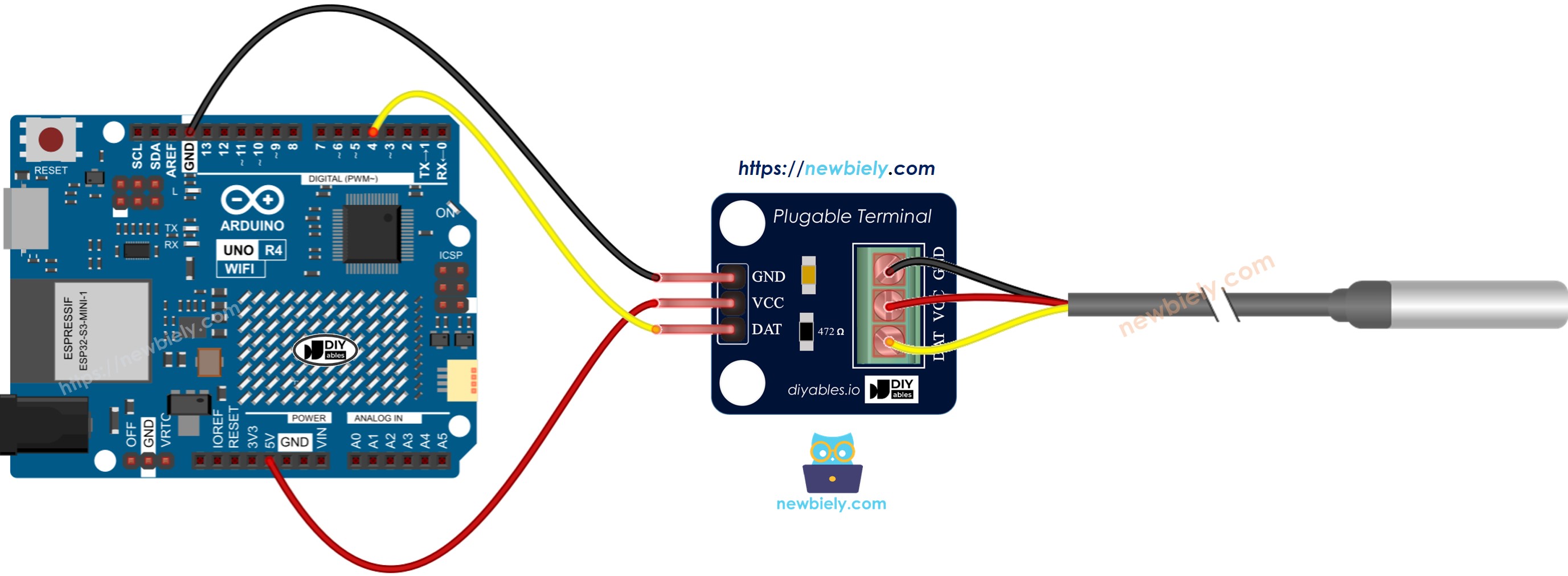 The wiring diagram between Arduino UNO R4 DS18B20