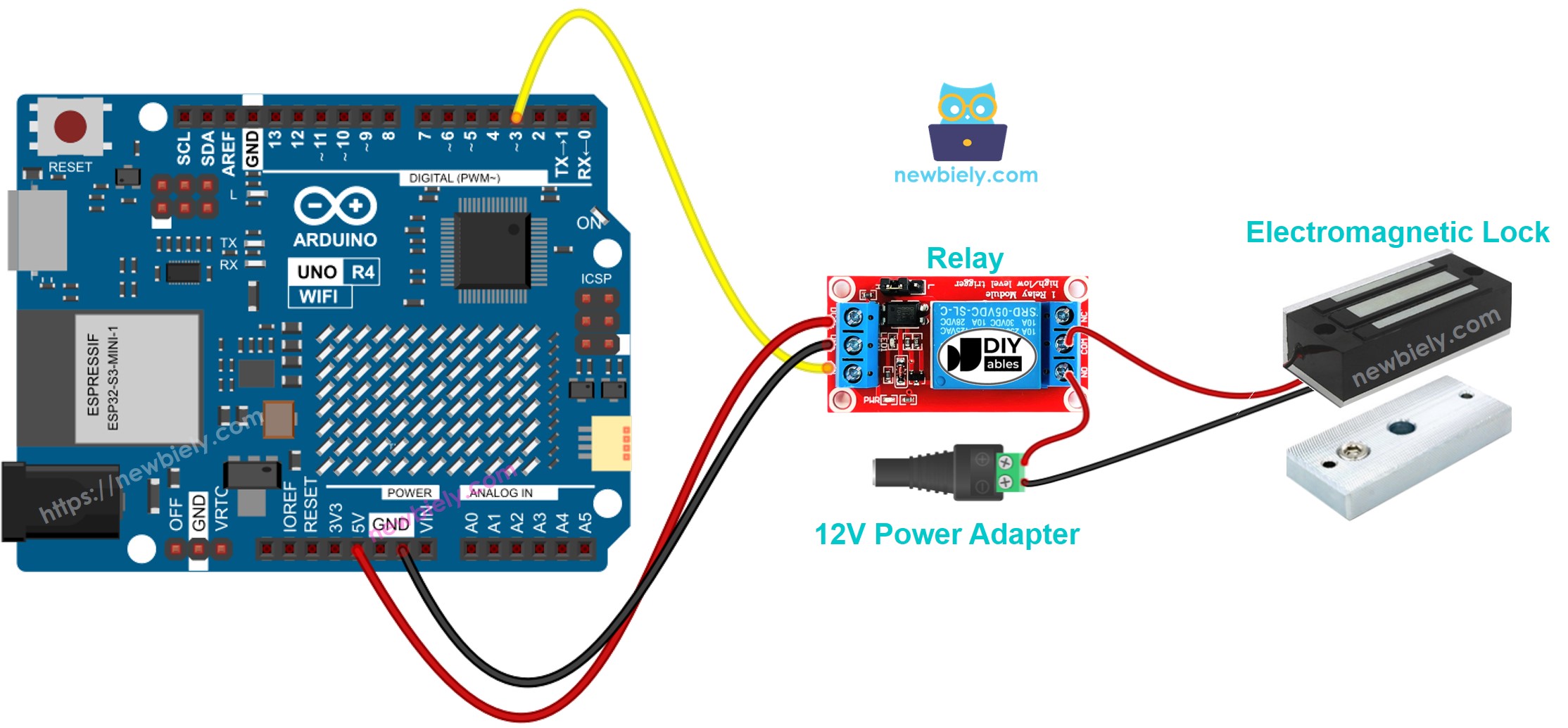 The wiring diagram between Arduino UNO R4 Electromagnetic Lock