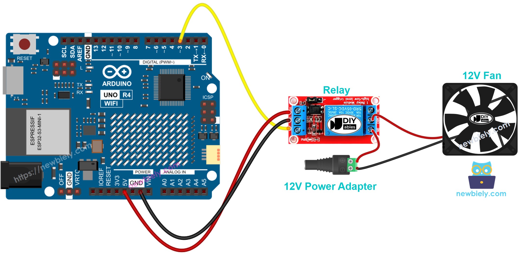 The wiring diagram between Arduino UNO R4 Fan