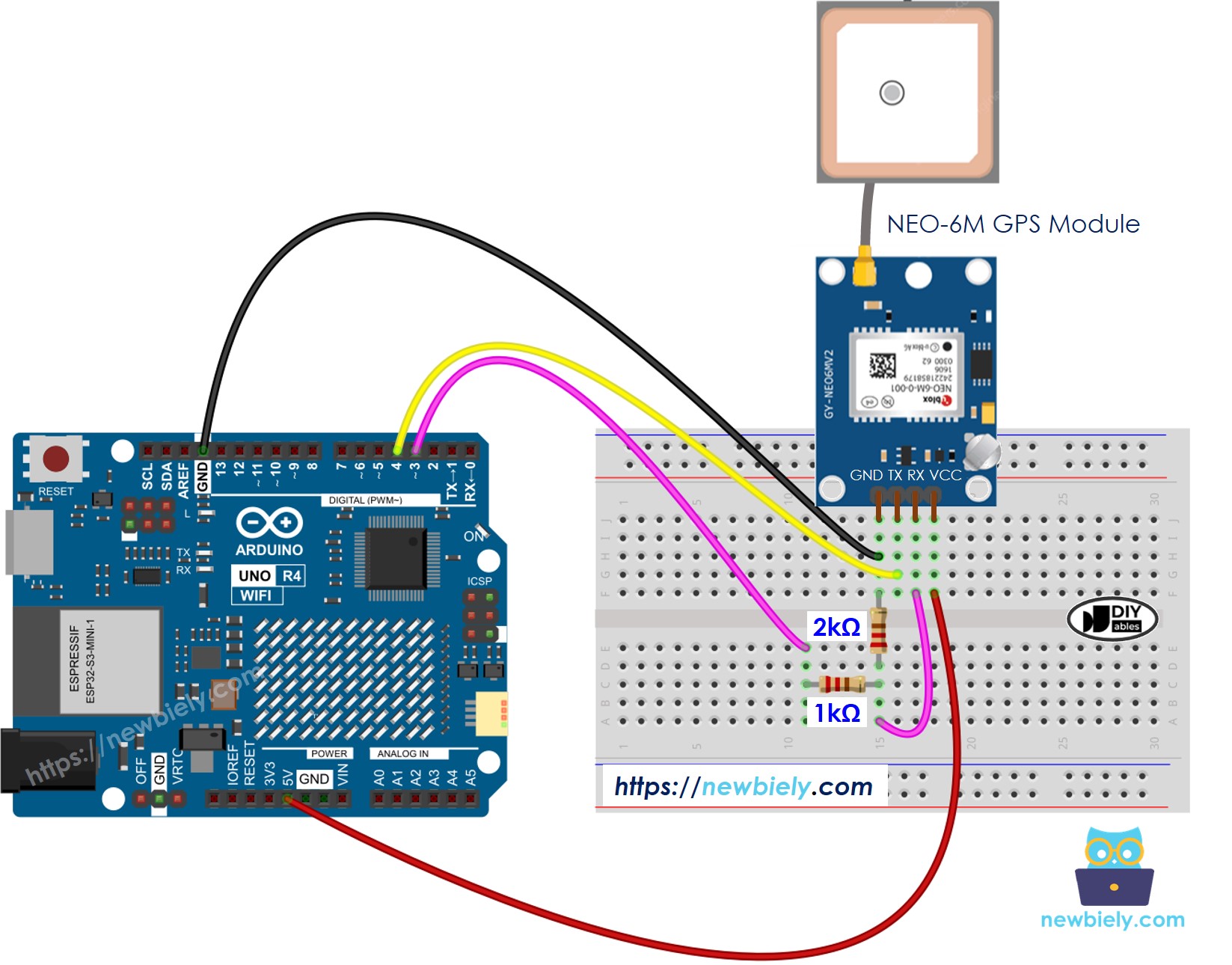 The wiring diagram between Arduino UNO R4 GPS