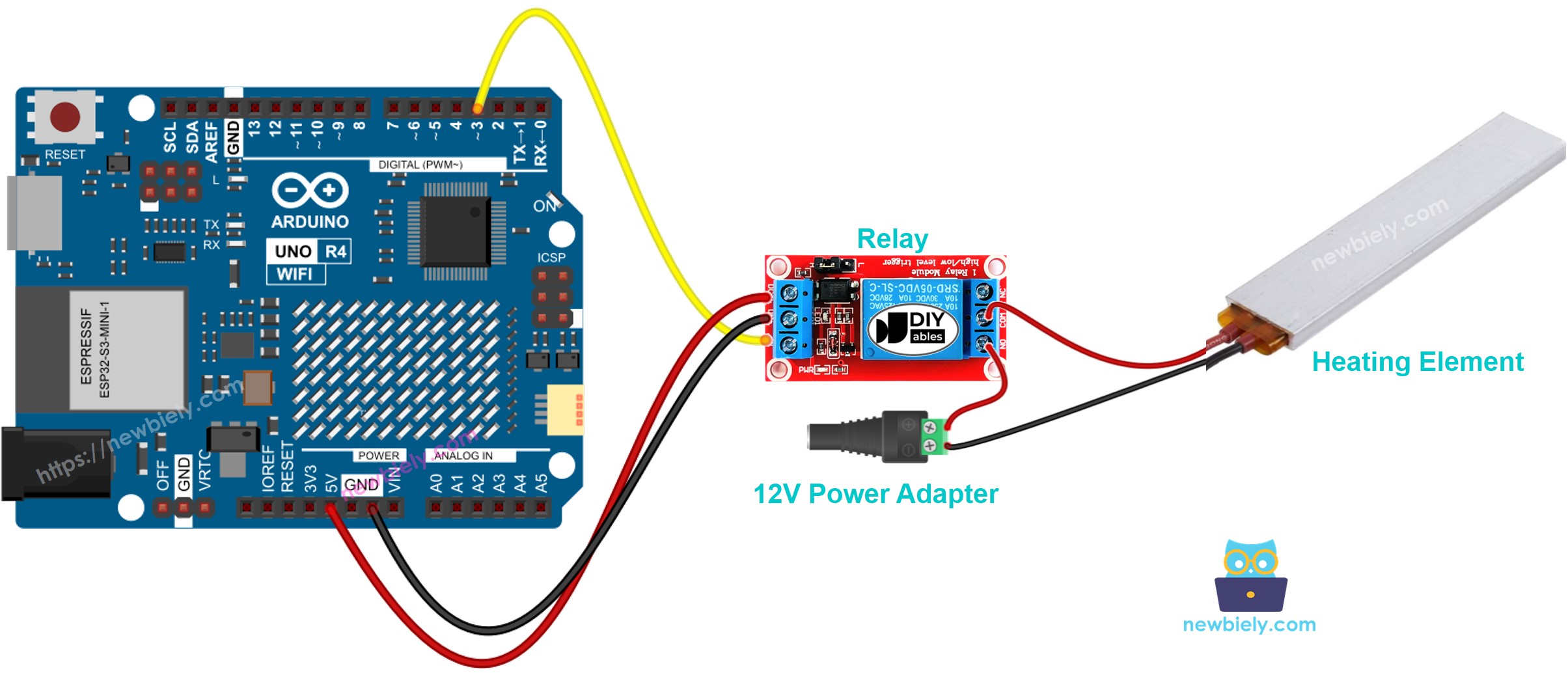 The wiring diagram between Arduino UNO R4 Heating Element