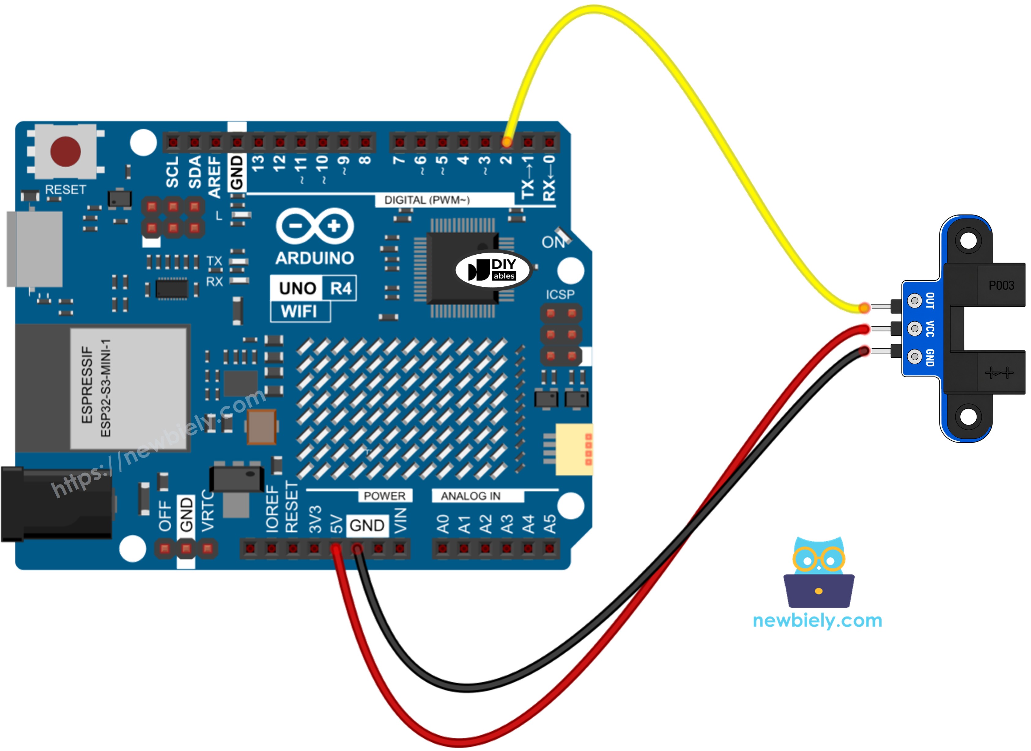 The wiring diagram between Arduino UNO R4 IR slotted optical speed sensor