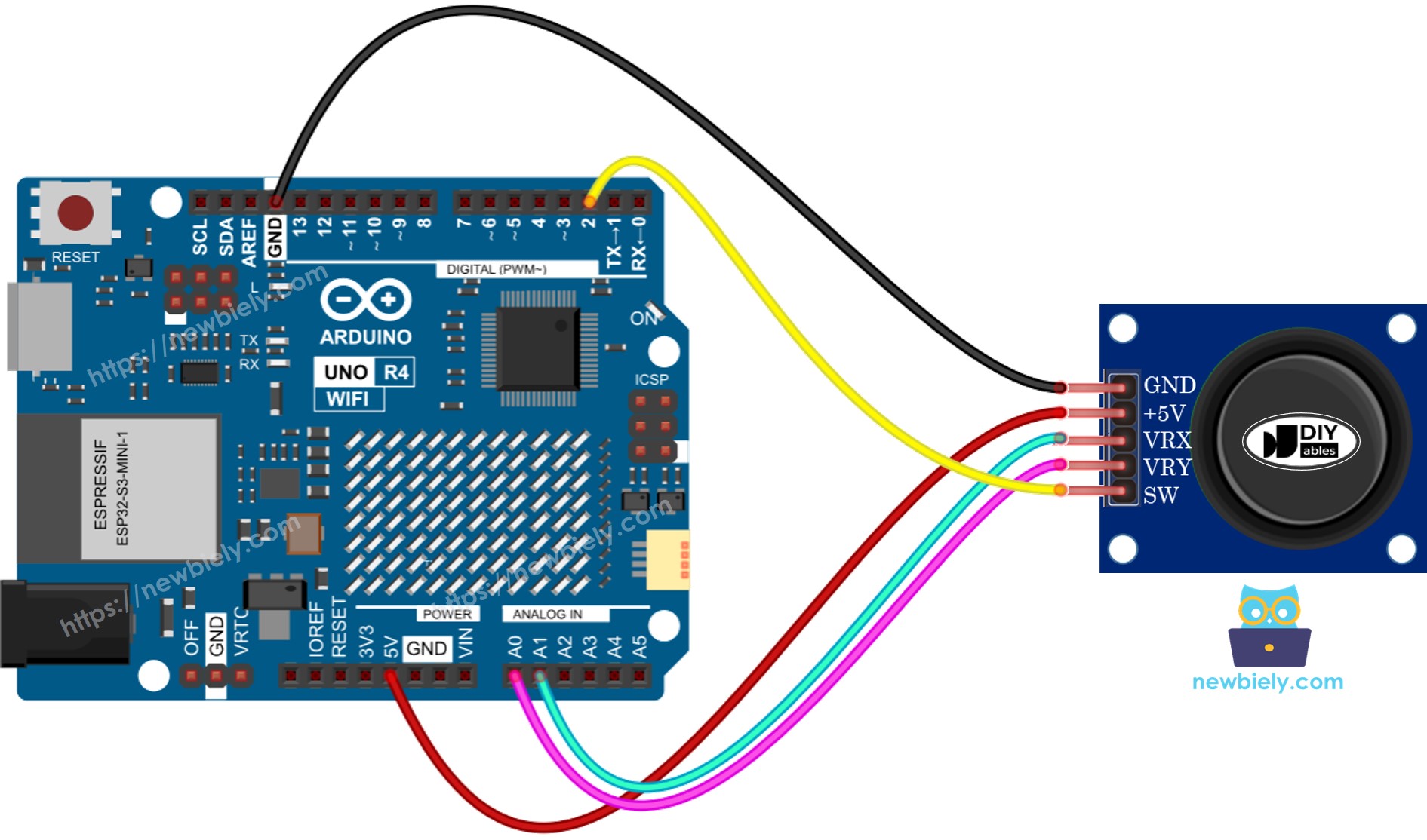 The wiring diagram between Arduino UNO R4 Joystick