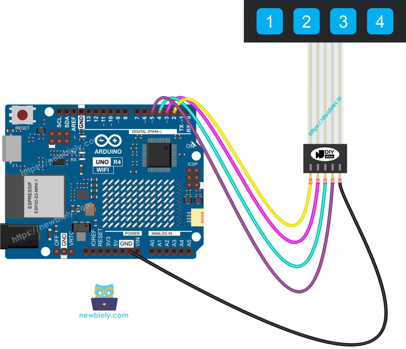 The wiring diagram between Arduino UNO R4 Keypad 1x4