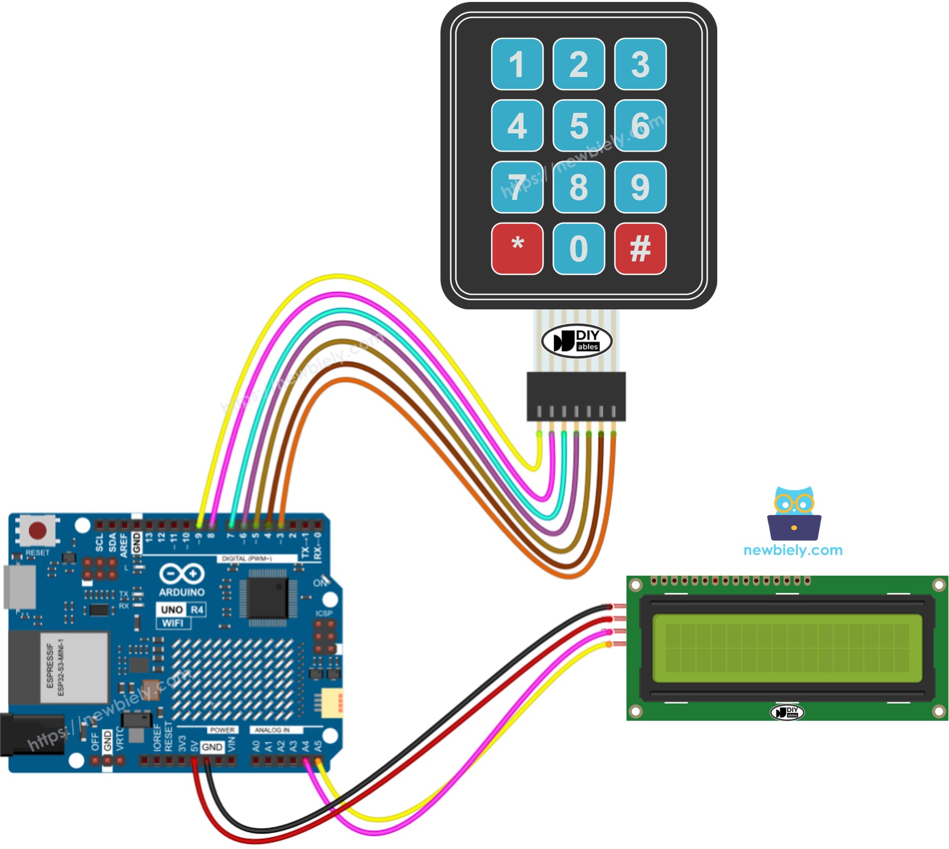 The wiring diagram between Arduino UNO R4 Keypad LCD