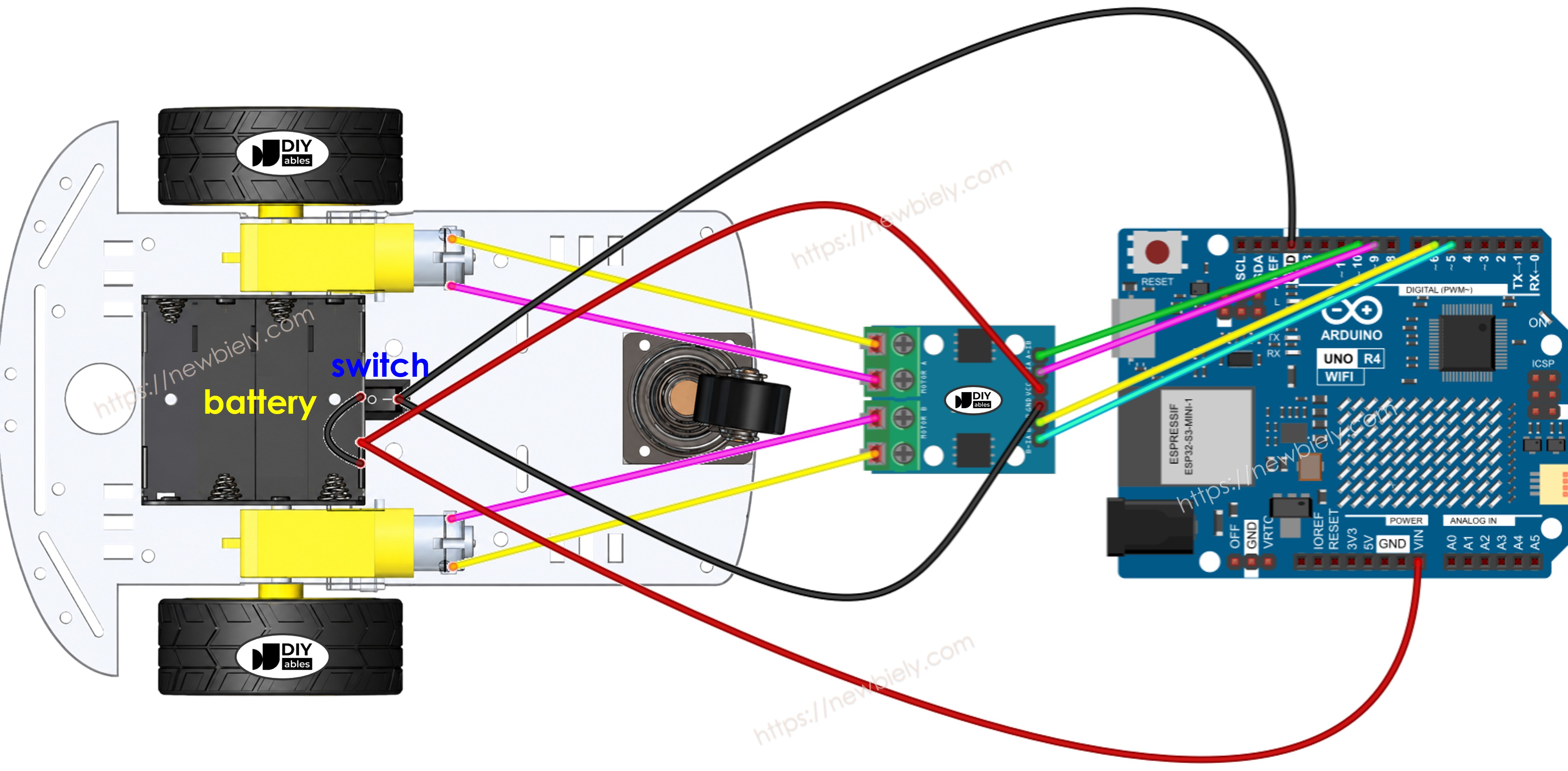 The wiring diagram between Arduino UNO R4 2WD RC Car