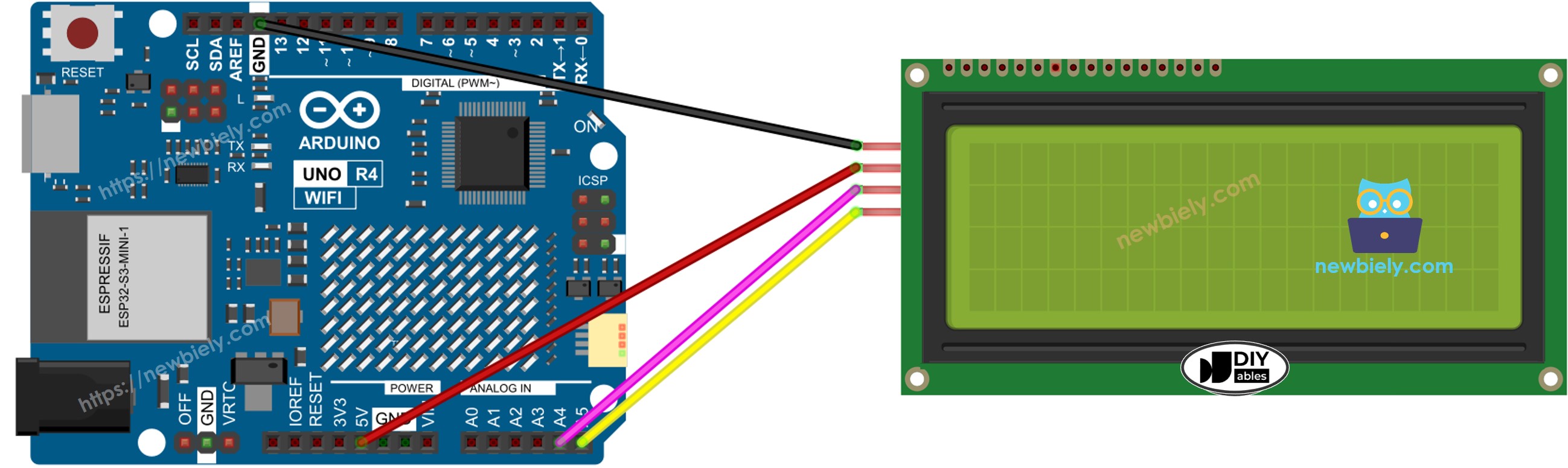 The wiring diagram between Arduino UNO R4 LCD 20x4 I2C