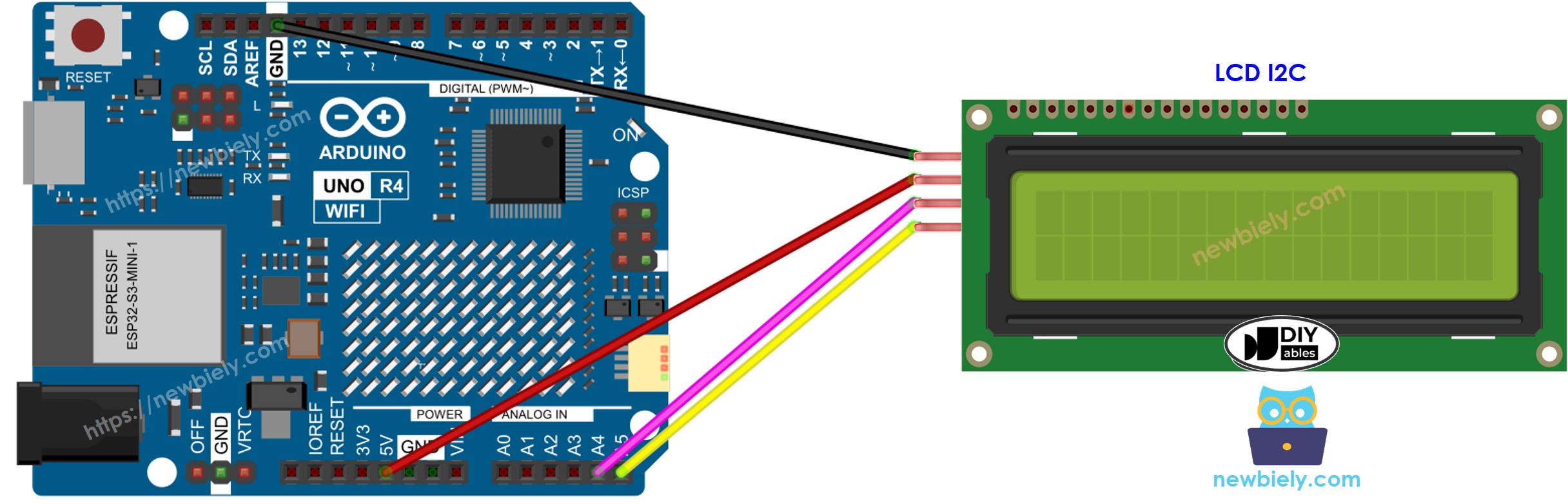 The wiring diagram between Arduino UNO R4 LCD I2C