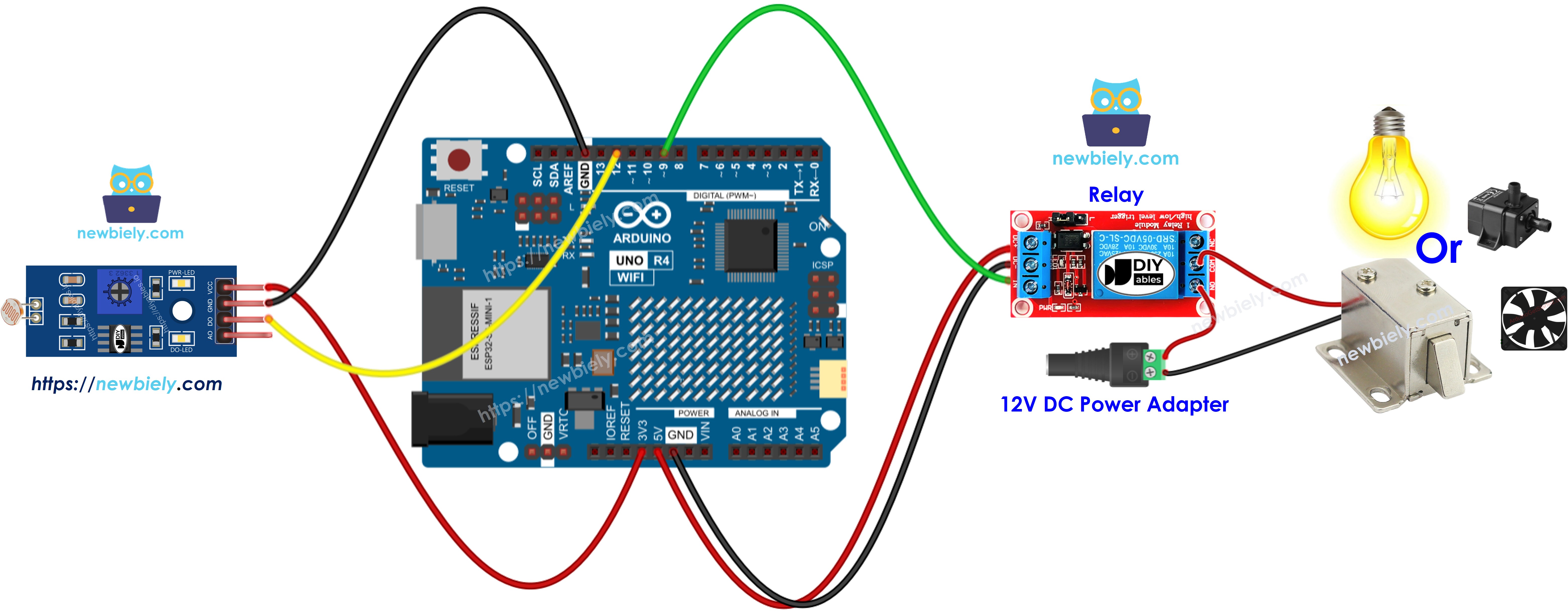 The wiring diagram between Arduino UNO R4 LDR Light Sensor module relay