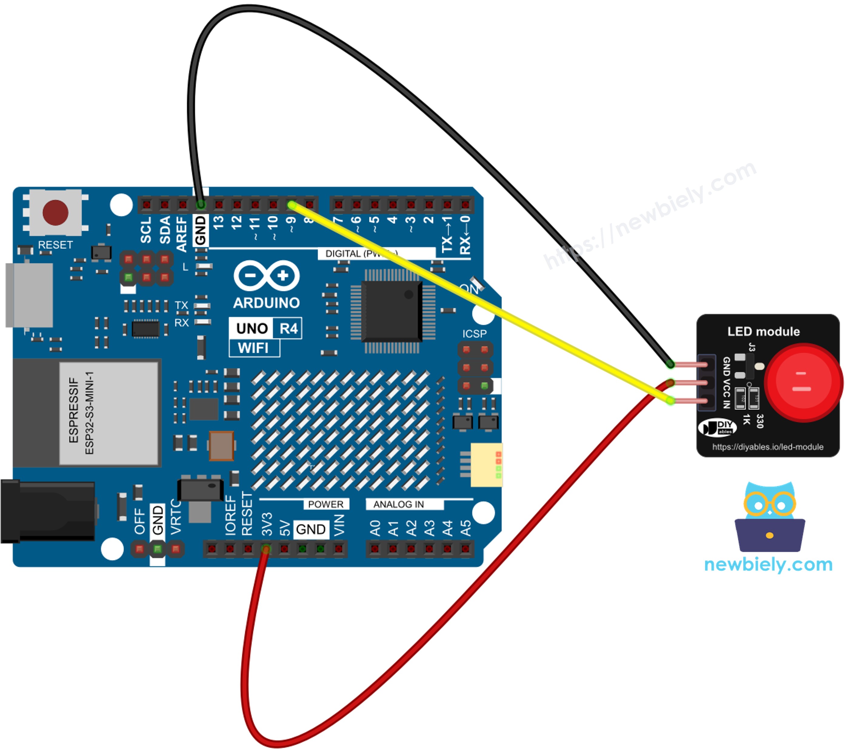 The wiring diagram between Arduino UNO R4 LED module