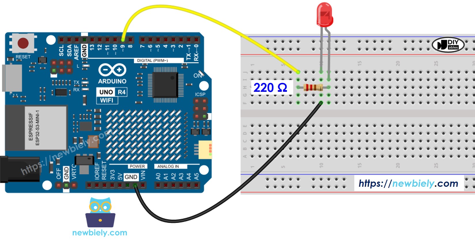 The wiring diagram between Arduino UNO R4 LED