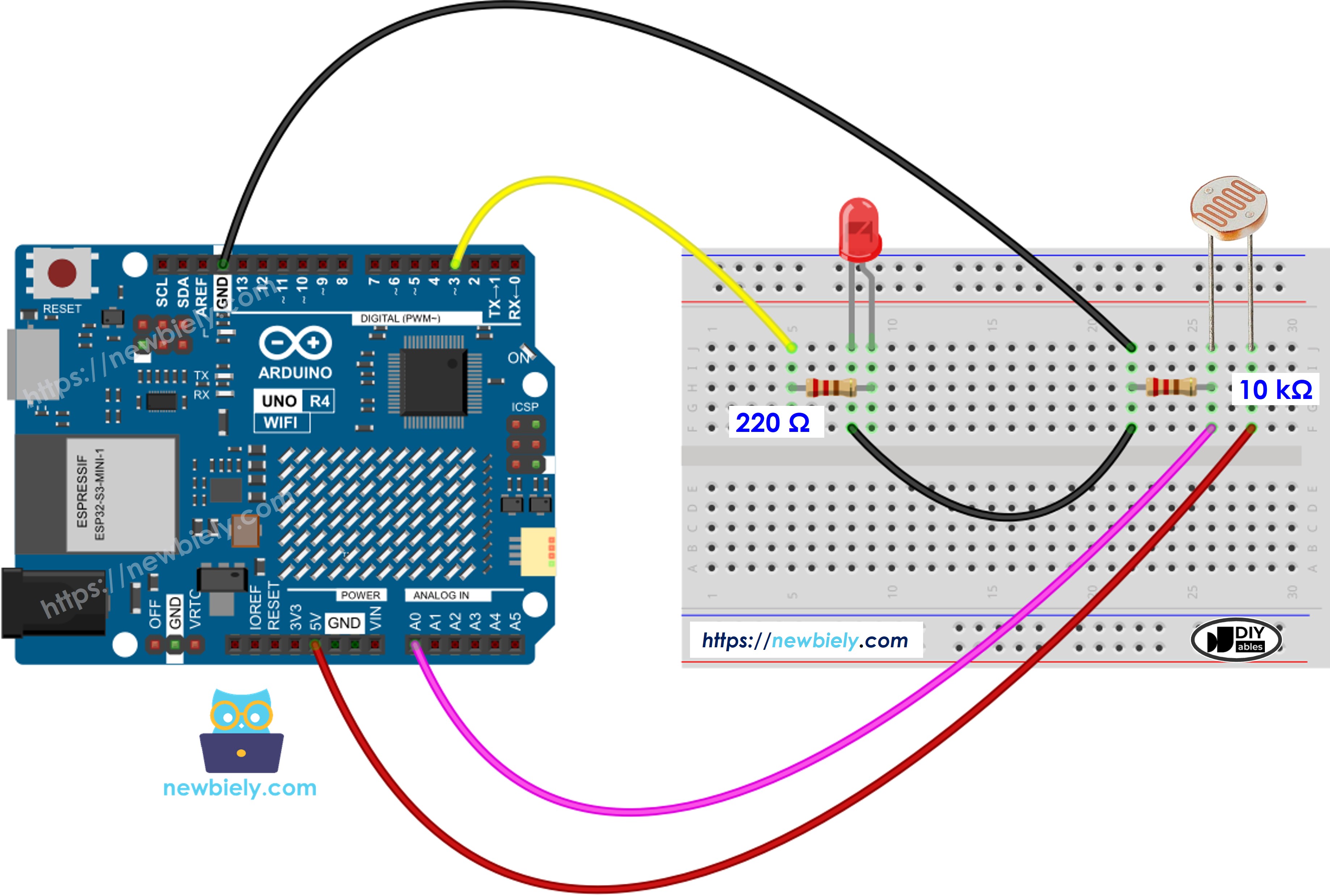 The wiring diagram between Arduino UNO R4 Light Sensor LED