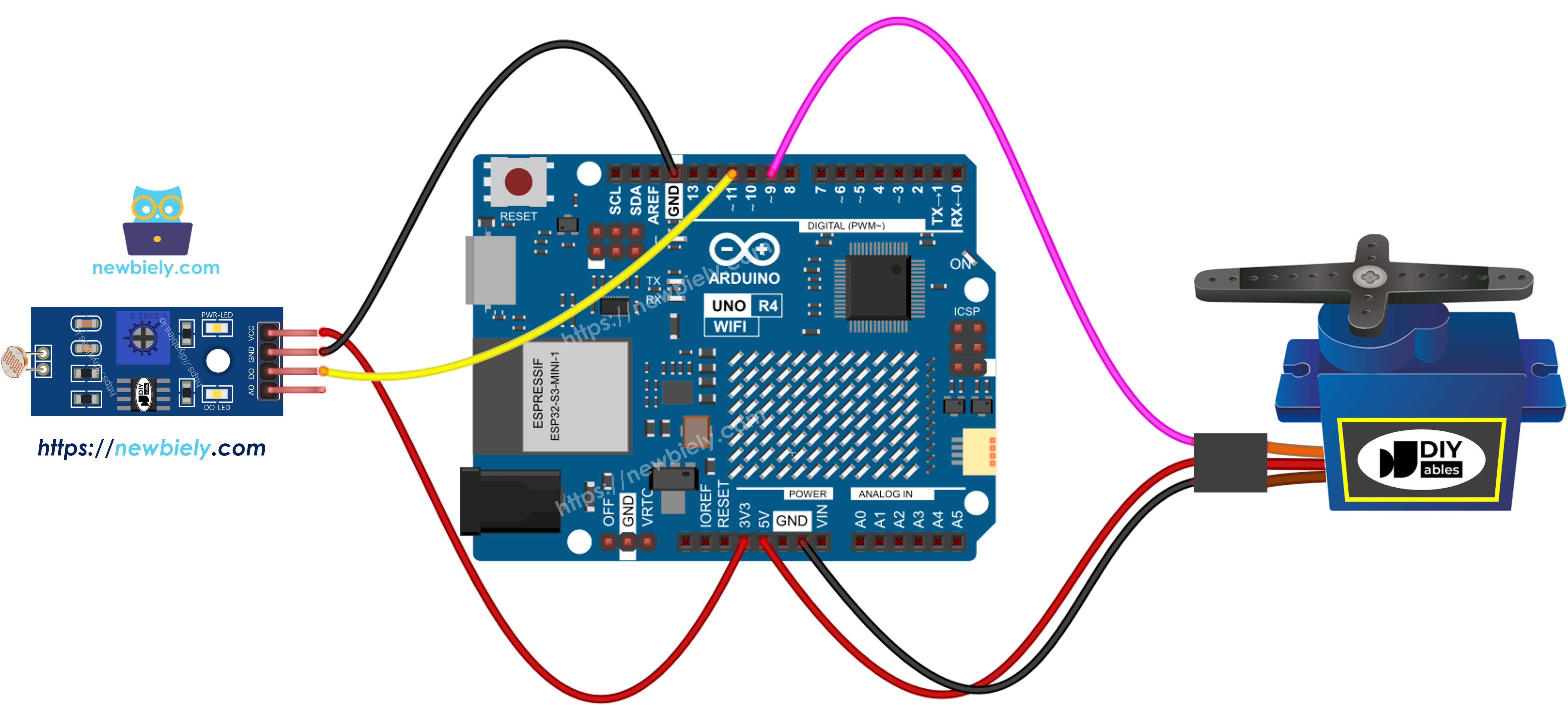 The wiring diagram between Arduino UNO R4 Light Sensor module Servo Motor