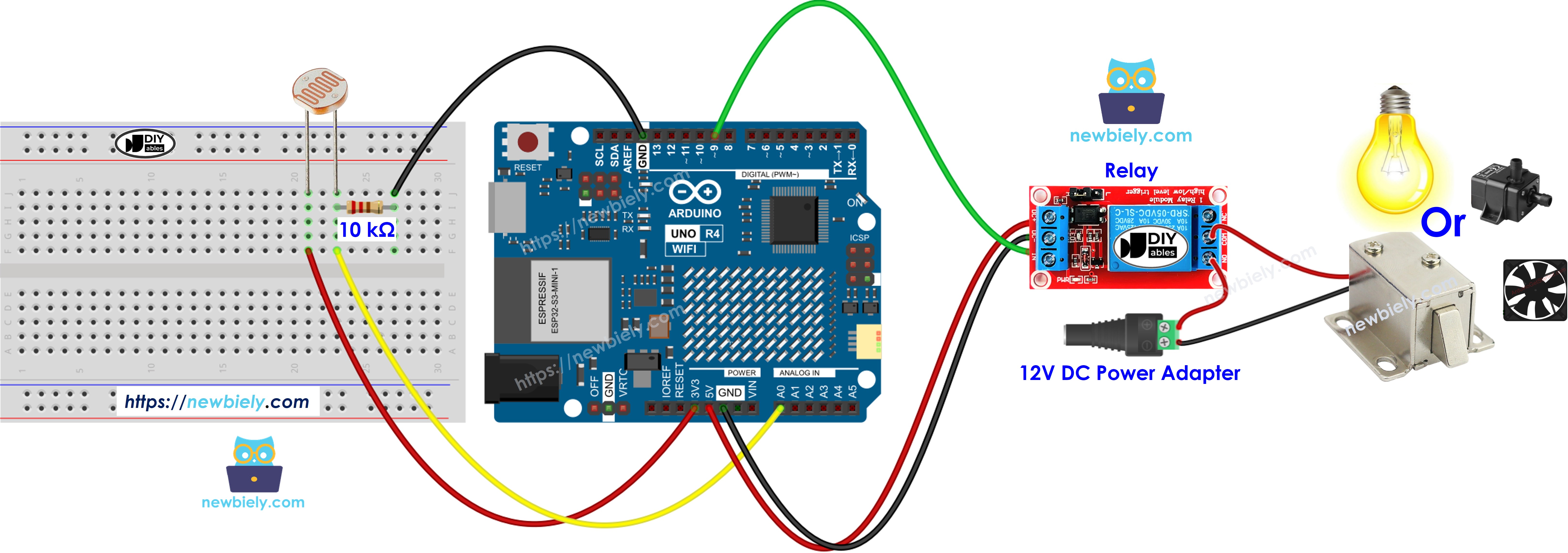 The wiring diagram between Arduino UNO R4 Light Sensor Relay