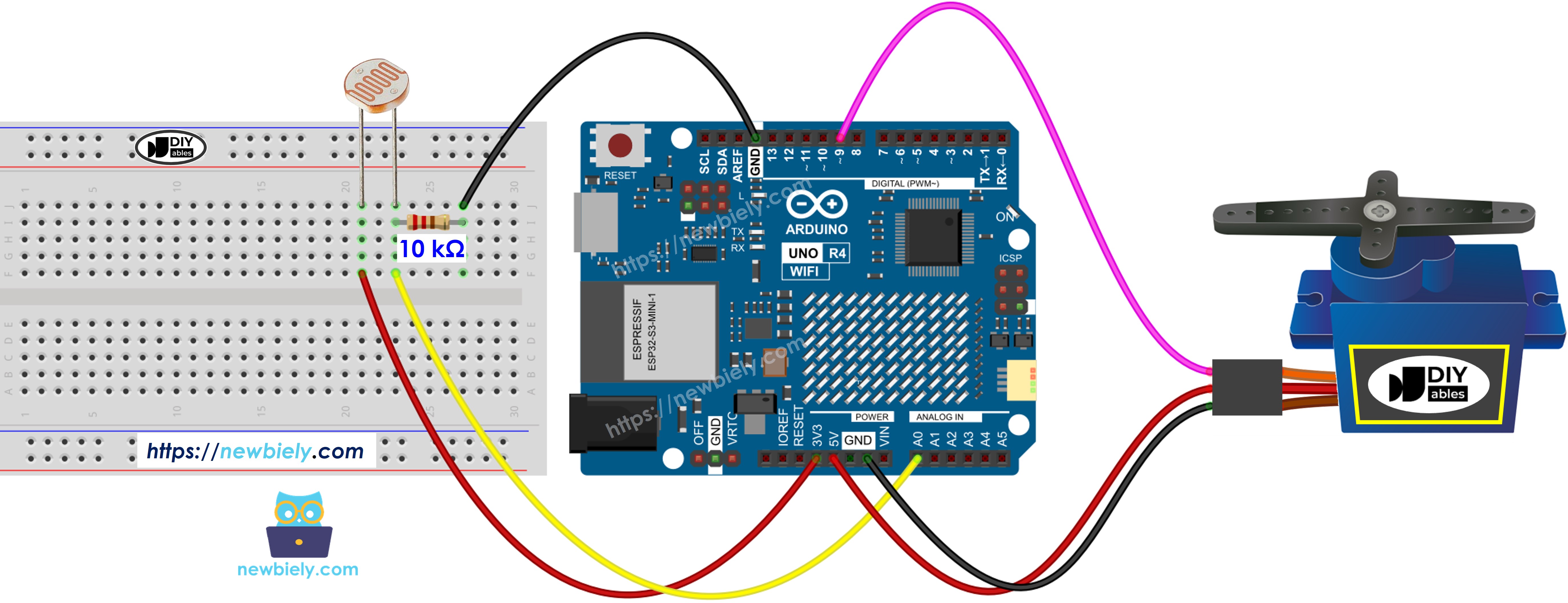 The wiring diagram between Arduino UNO R4 Light Sensor Servo Motor