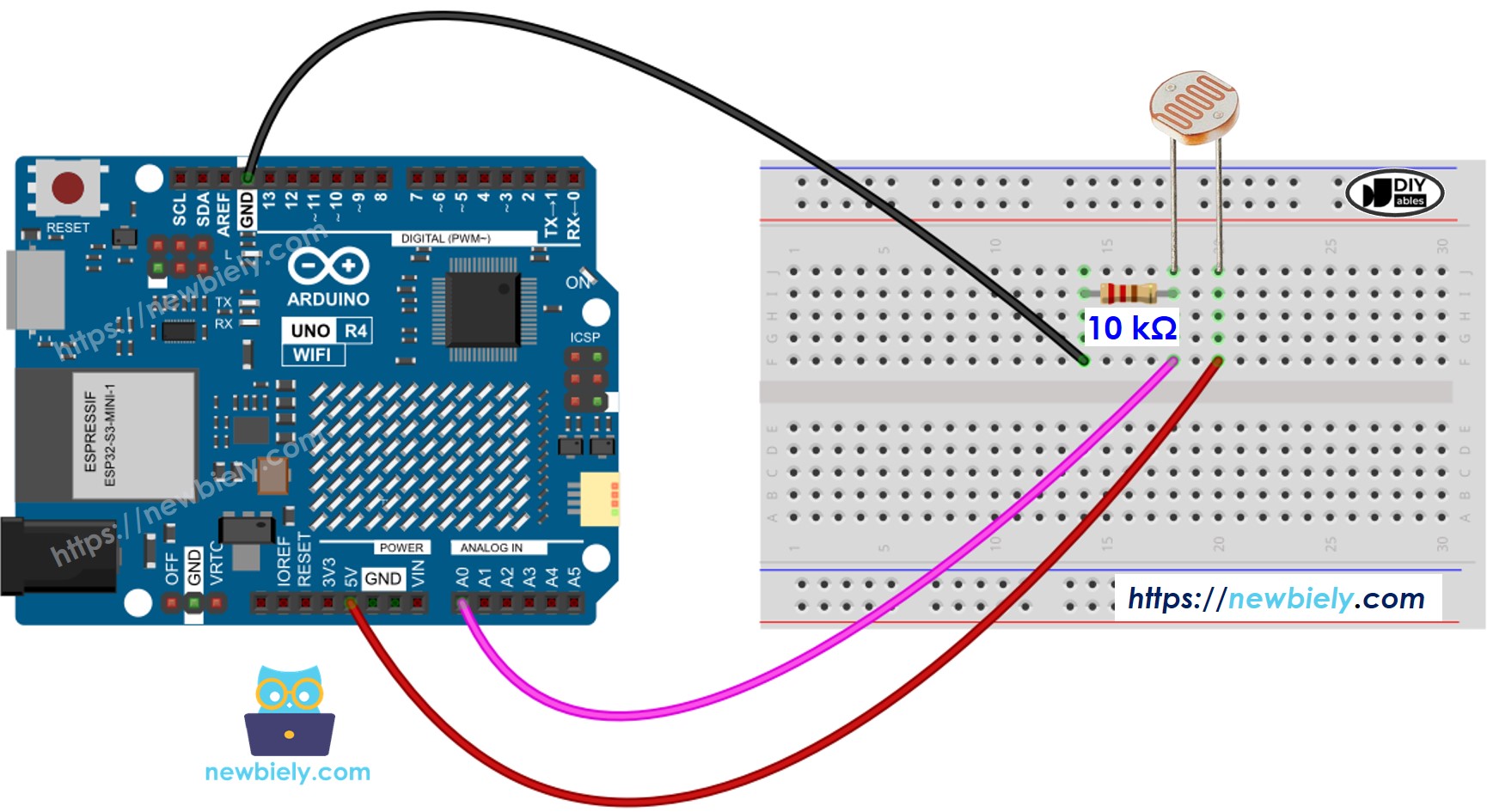 The wiring diagram between Arduino UNO R4 Light Sensor