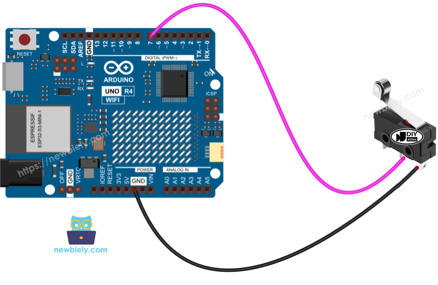 The wiring diagram between Arduino UNO R4 limit switch