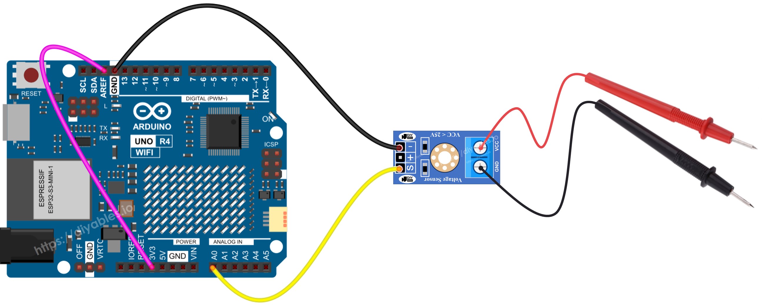 The wiring diagram between Arduino UNO R4 measures voltage