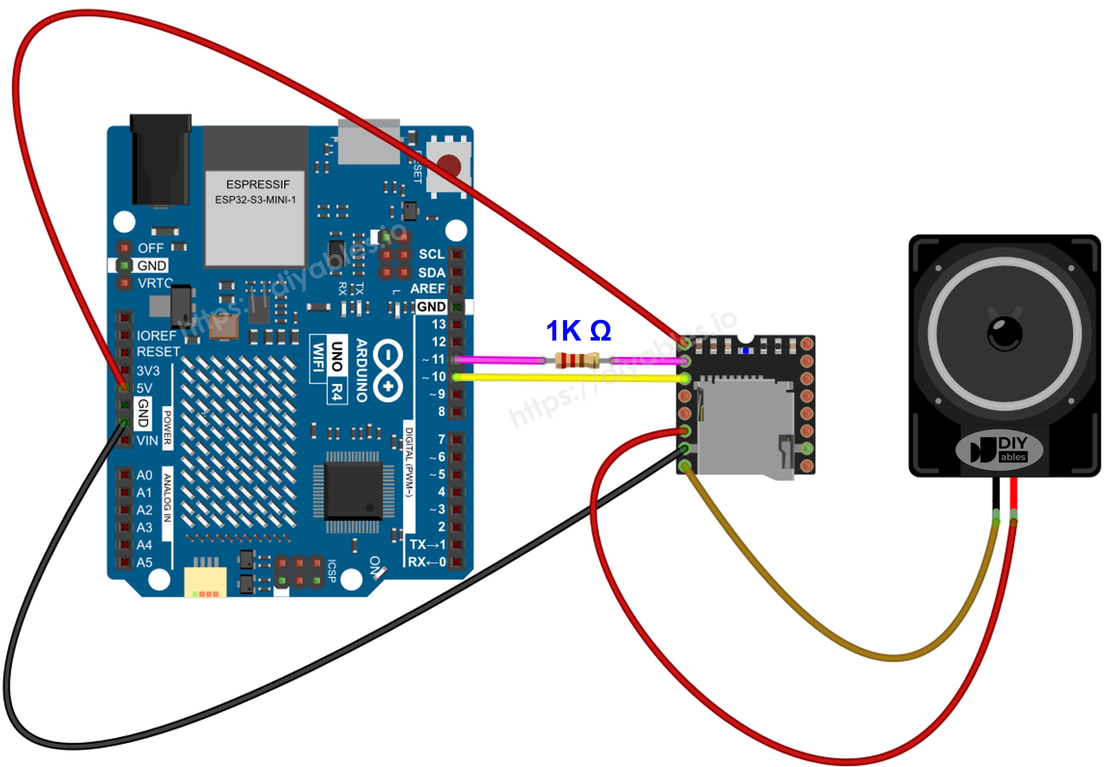 The wiring diagram between Arduino Uno R4 Mini Mp3 Player