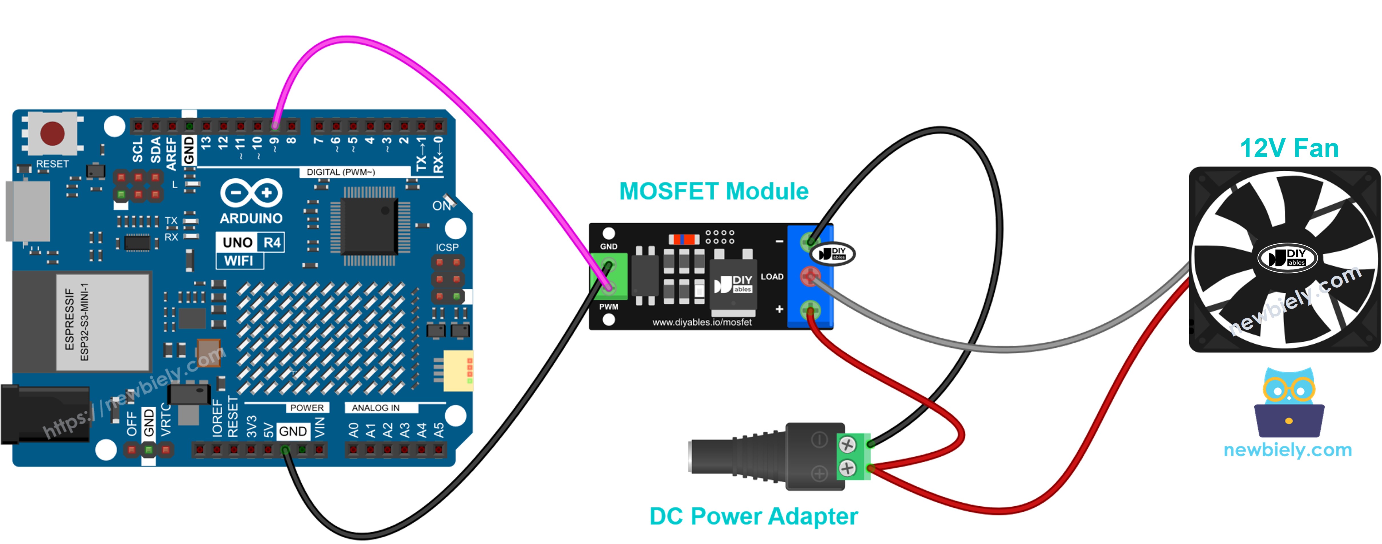 Arduino UNO R4 MOSFET module wiring with a 12V cooling fan
