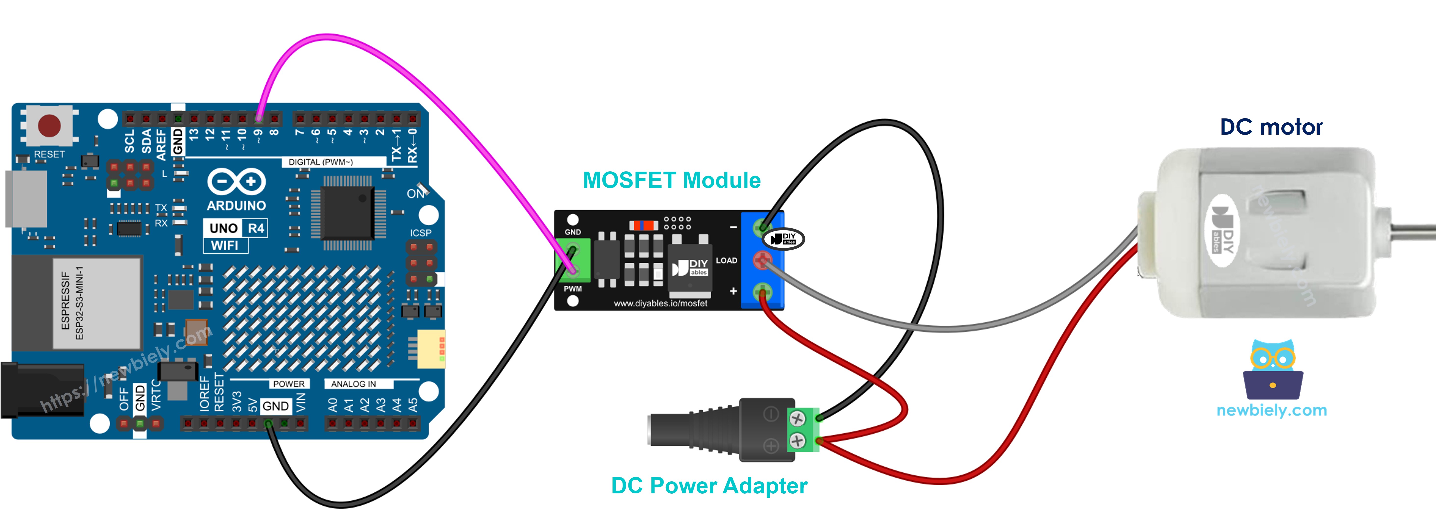 12V DC motor and MOSFET module wiring