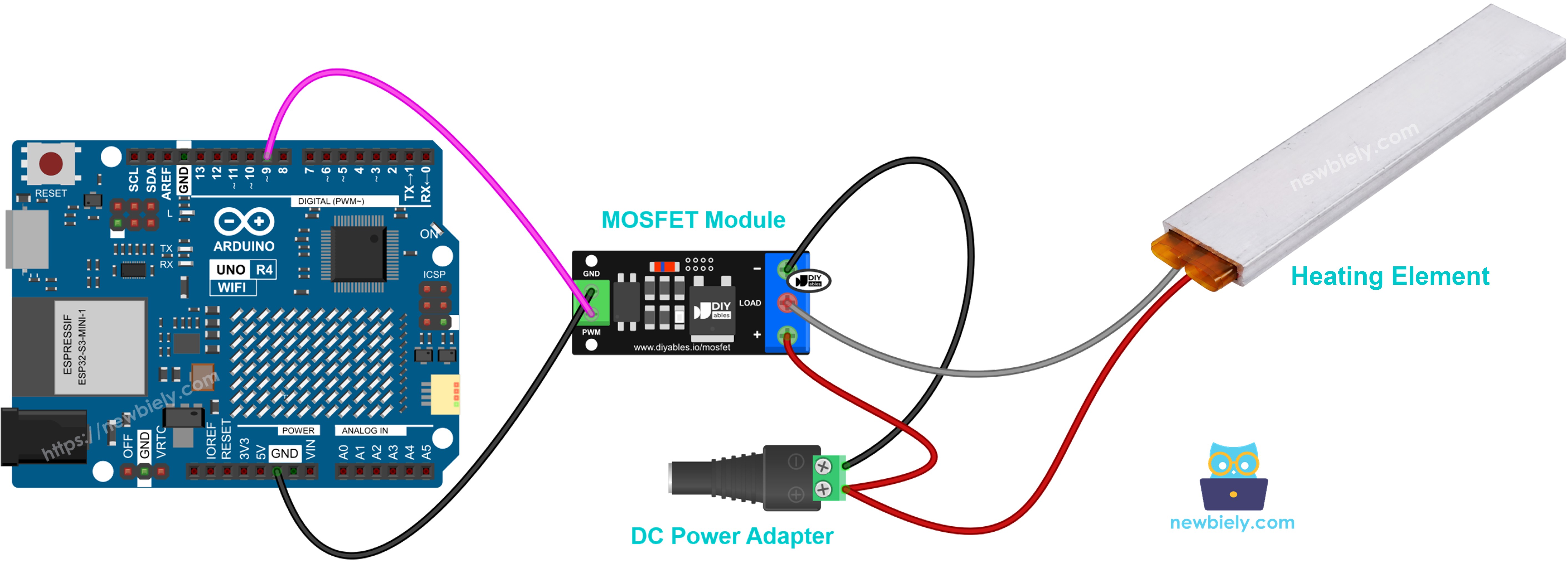 The wiring diagram between Arduino UNO R4 heating element MOSFET module