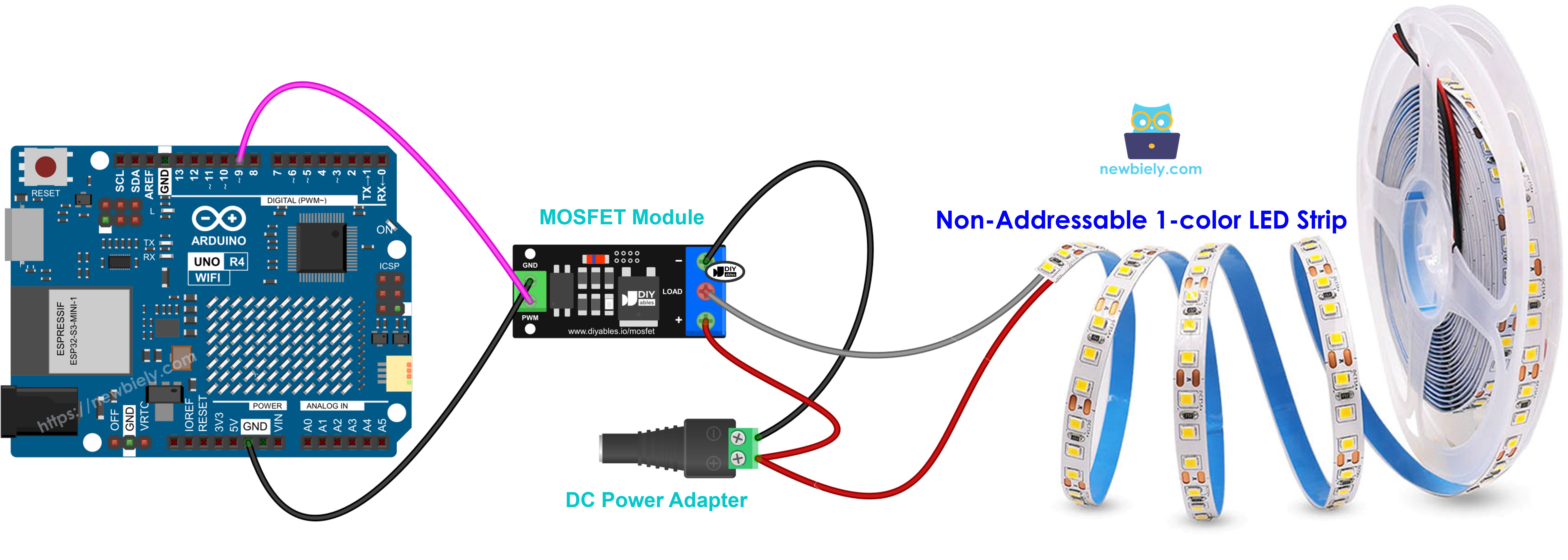 12V single-color LED strip connected to MOSFET module