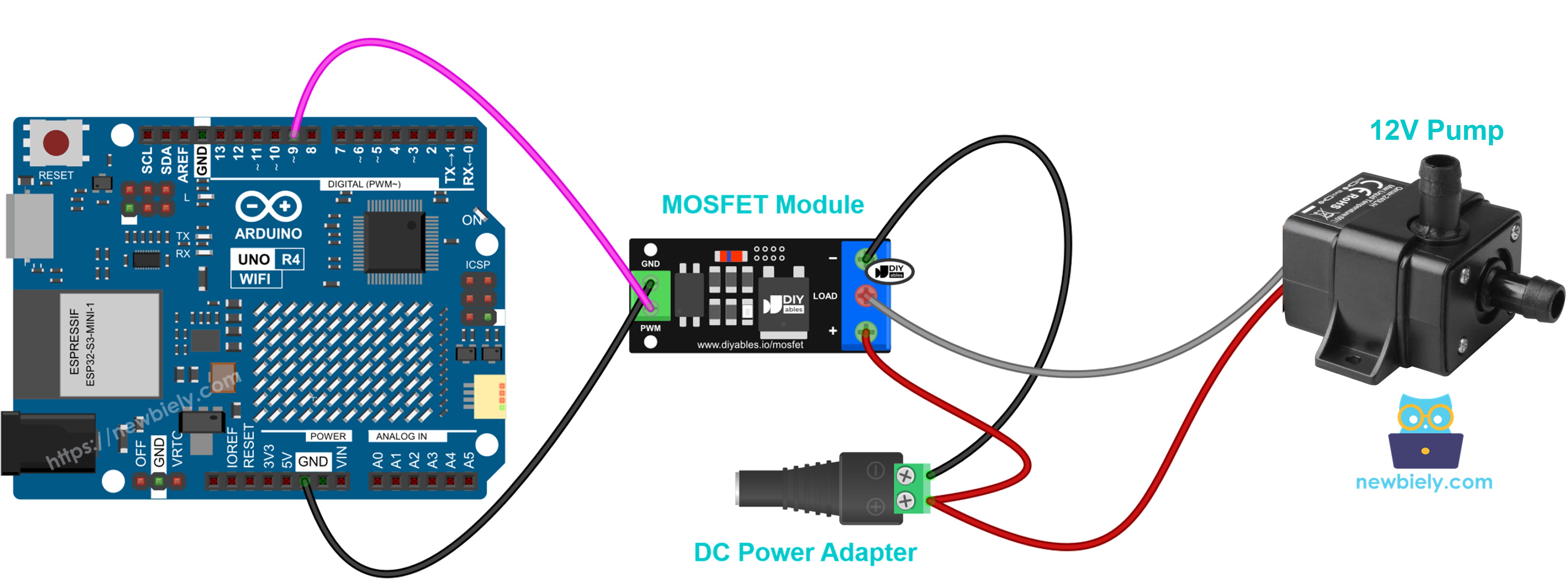 12V water pump connected to MOSFET module