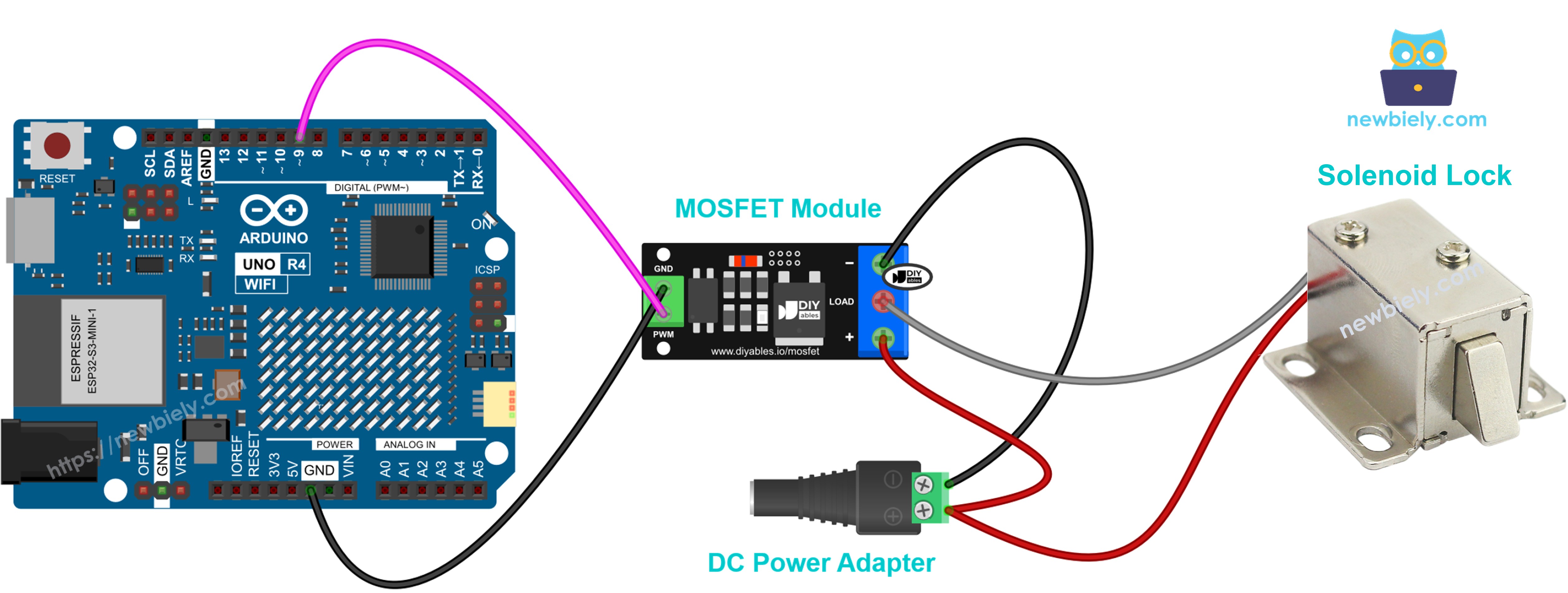 12V solenoid lock wired to MOSFET module