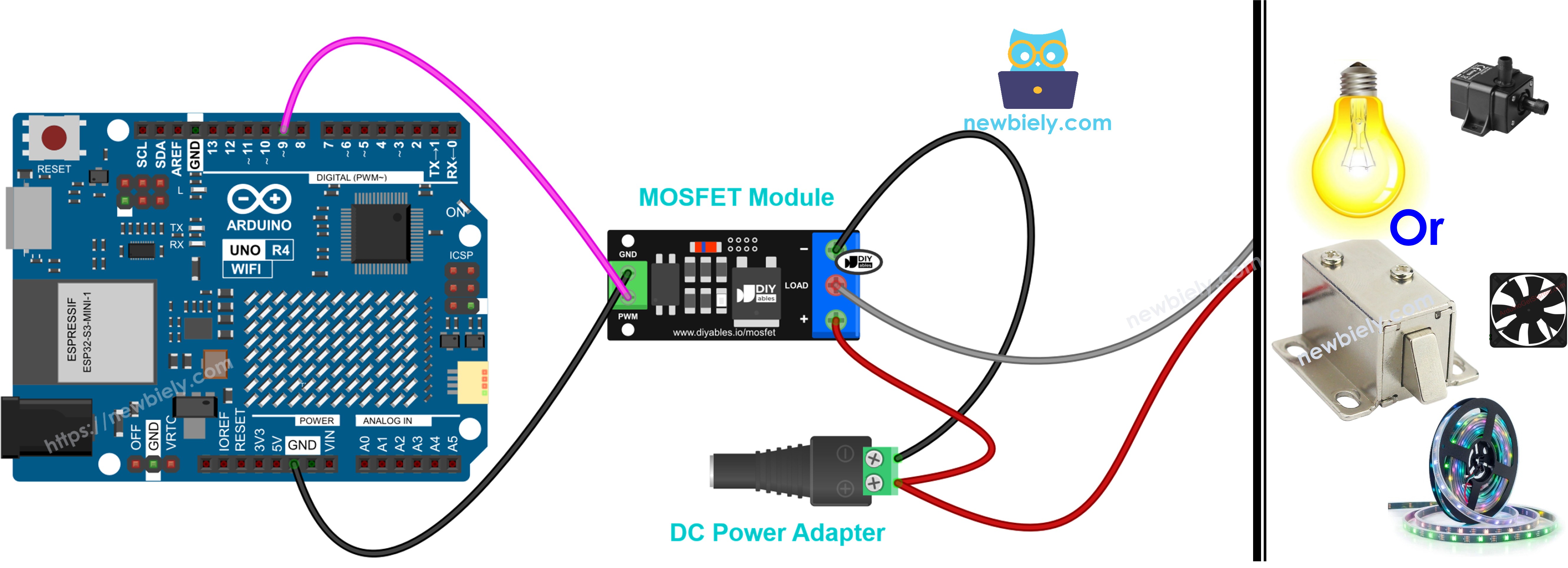The wiring diagram between Arduino UNO R4 with AOD4184, LR7843 or FR120N MOSFET module