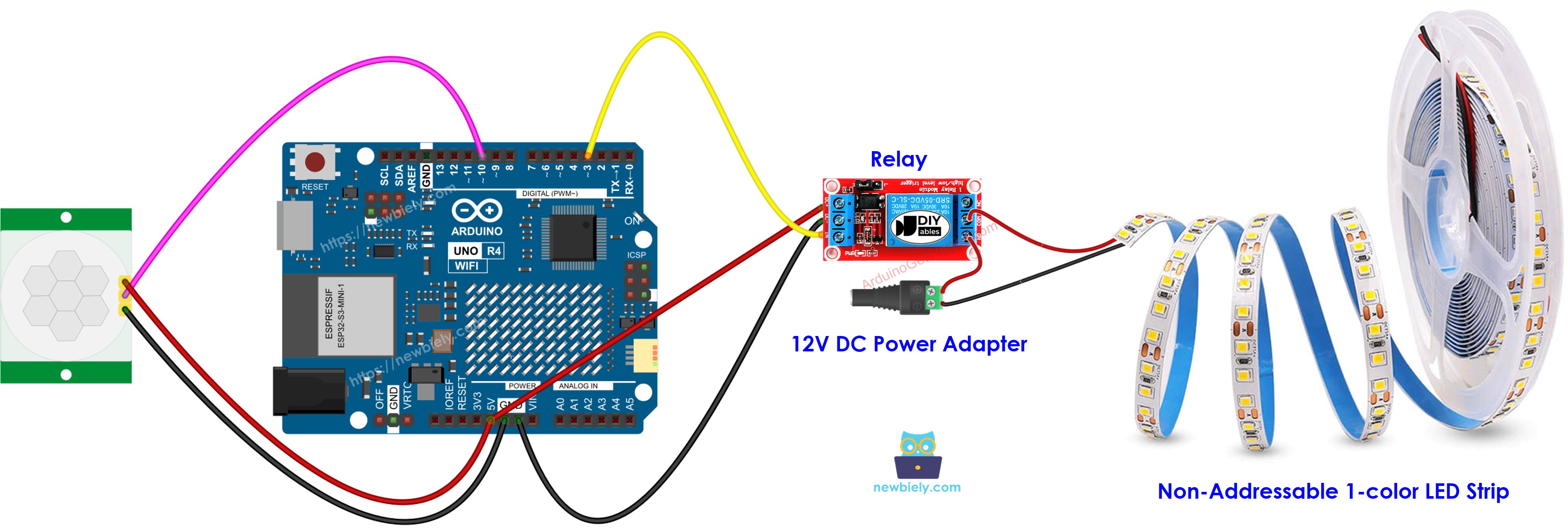 The wiring diagram between Arduino UNO R4 Motion Sensor LED strip