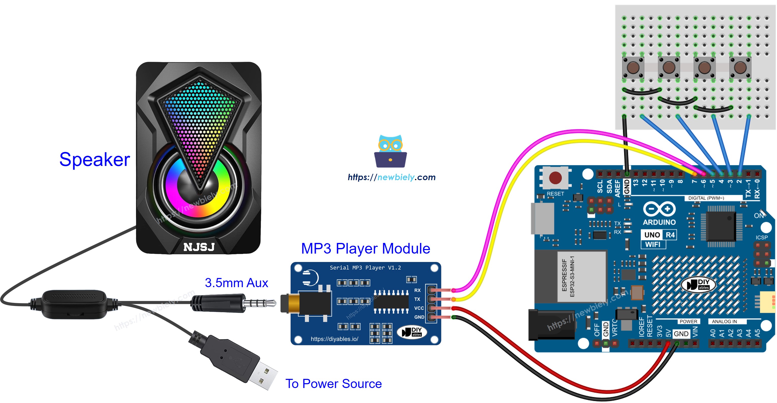 The wiring diagram between Arduino UNO R4 MP3 player speaker