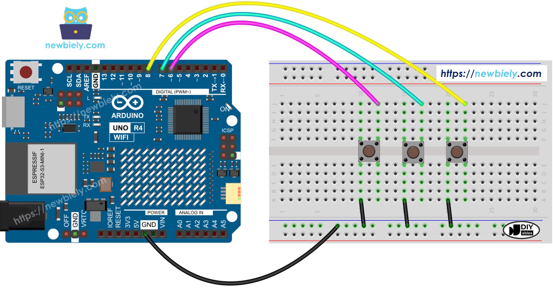 The wiring diagram between Arduino UNO R4 Button Library