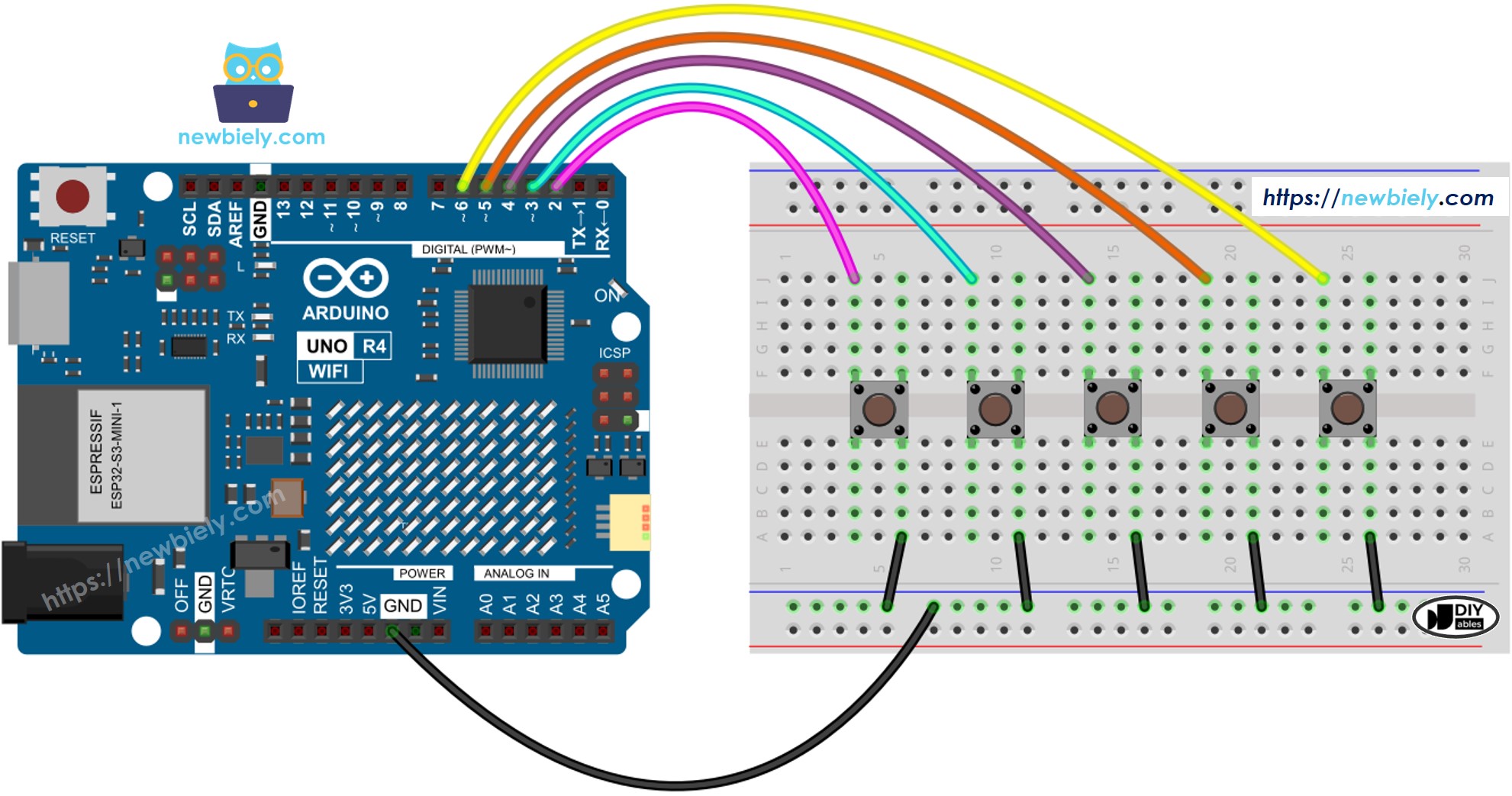 The wiring diagram between Arduino UNO R4 multiple button