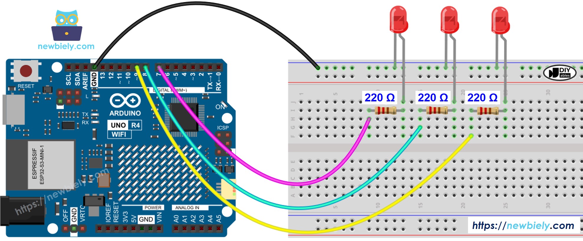 The wiring diagram between Arduino UNO R4 multiple LED