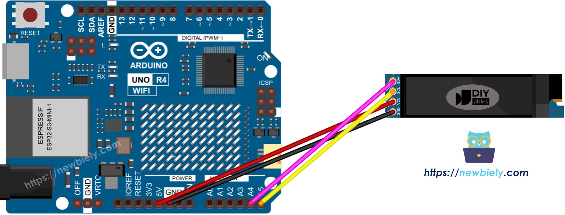 The wiring diagram between Arduino UNO R4 OLED 128x32