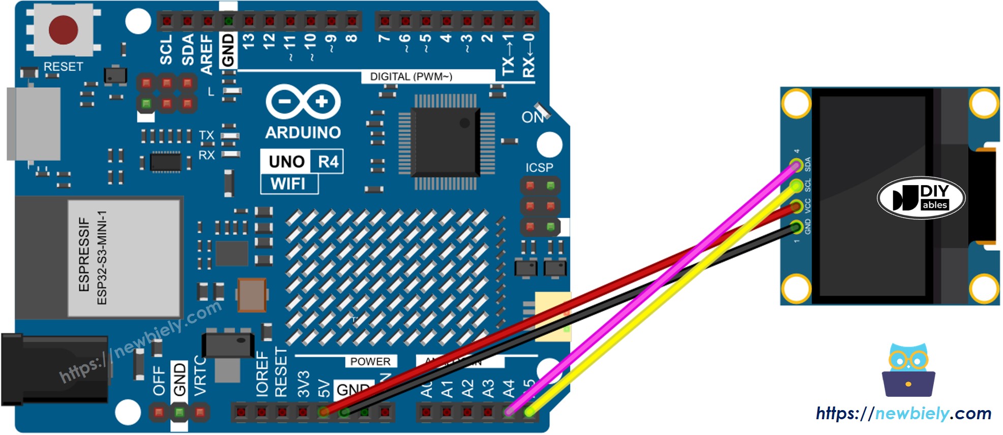 The wiring diagram between Arduino UNO R4 OLED 128x64