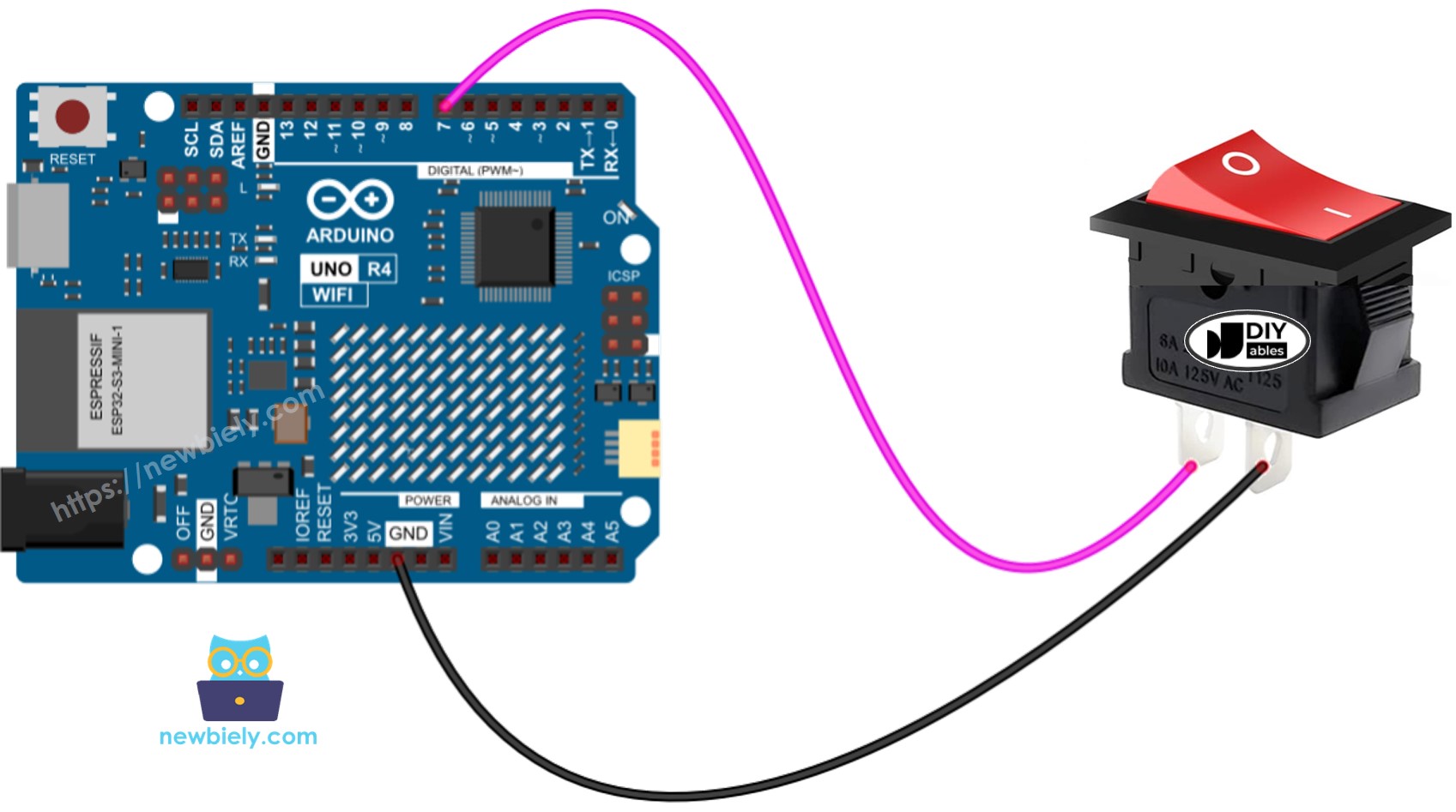 The wiring diagram between Arduino UNO R4 ON/OFF Switch