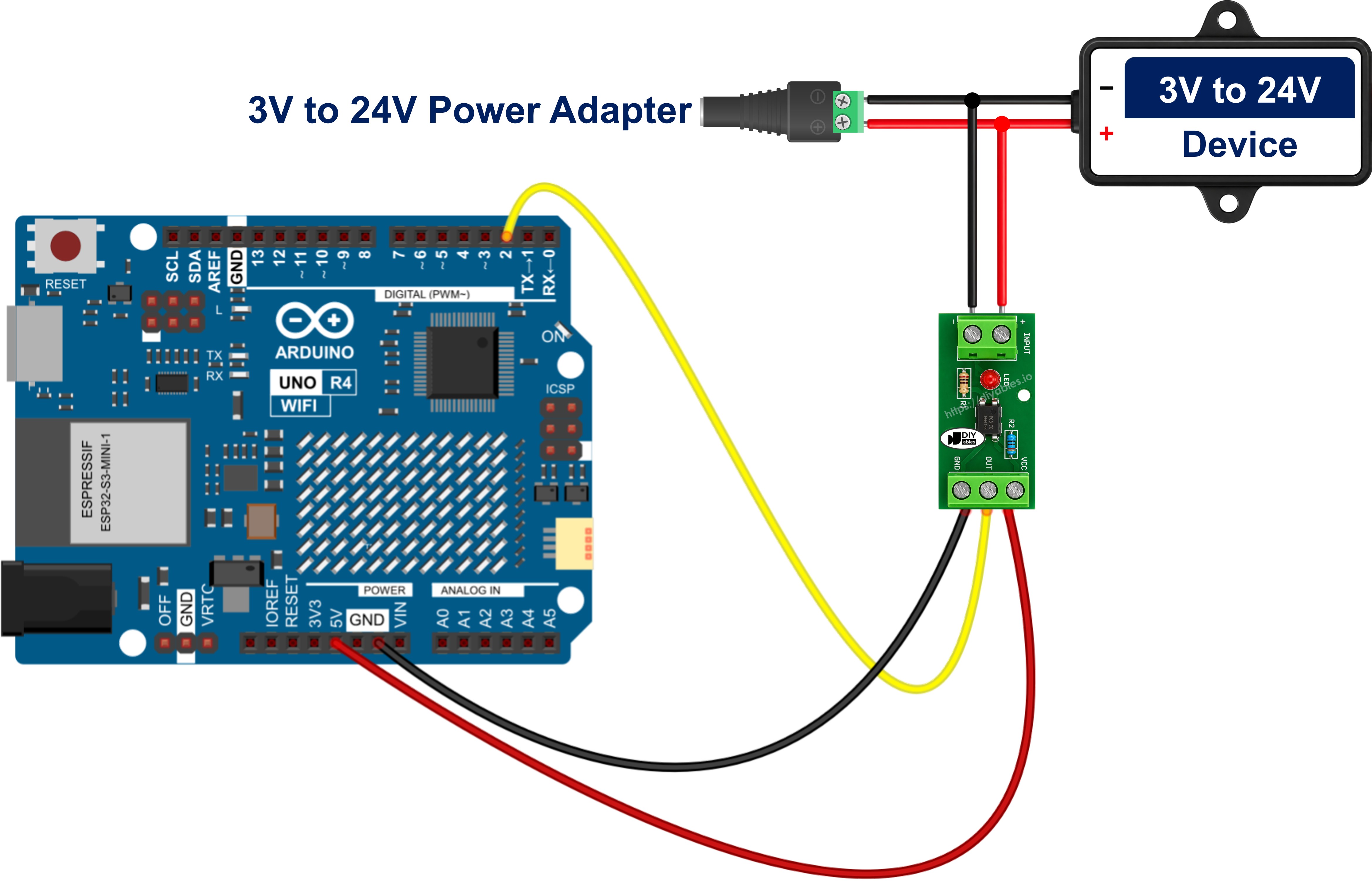 The wiring diagram between Arduino UNO R4 PC817 optocoupler isolation module 24V