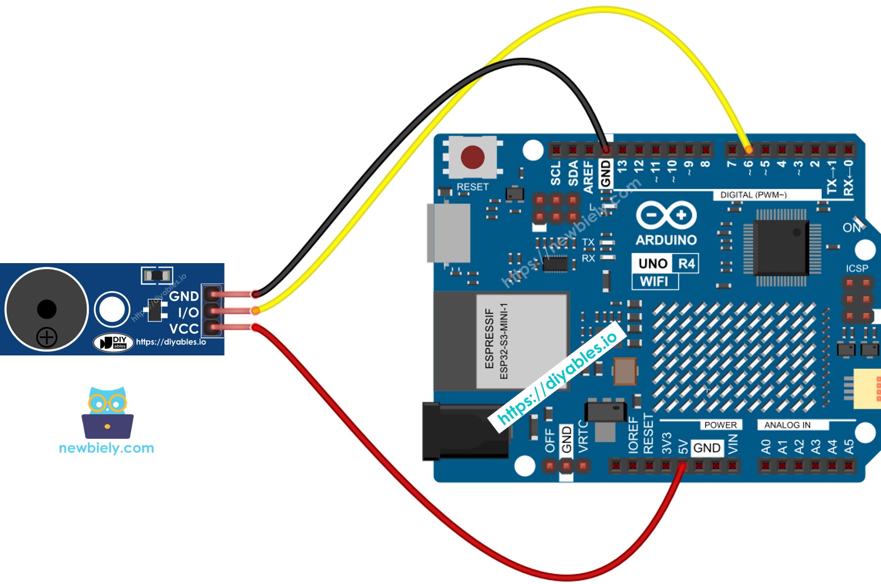 The wiring diagram between Arduino UNO R4 Buzzer Module