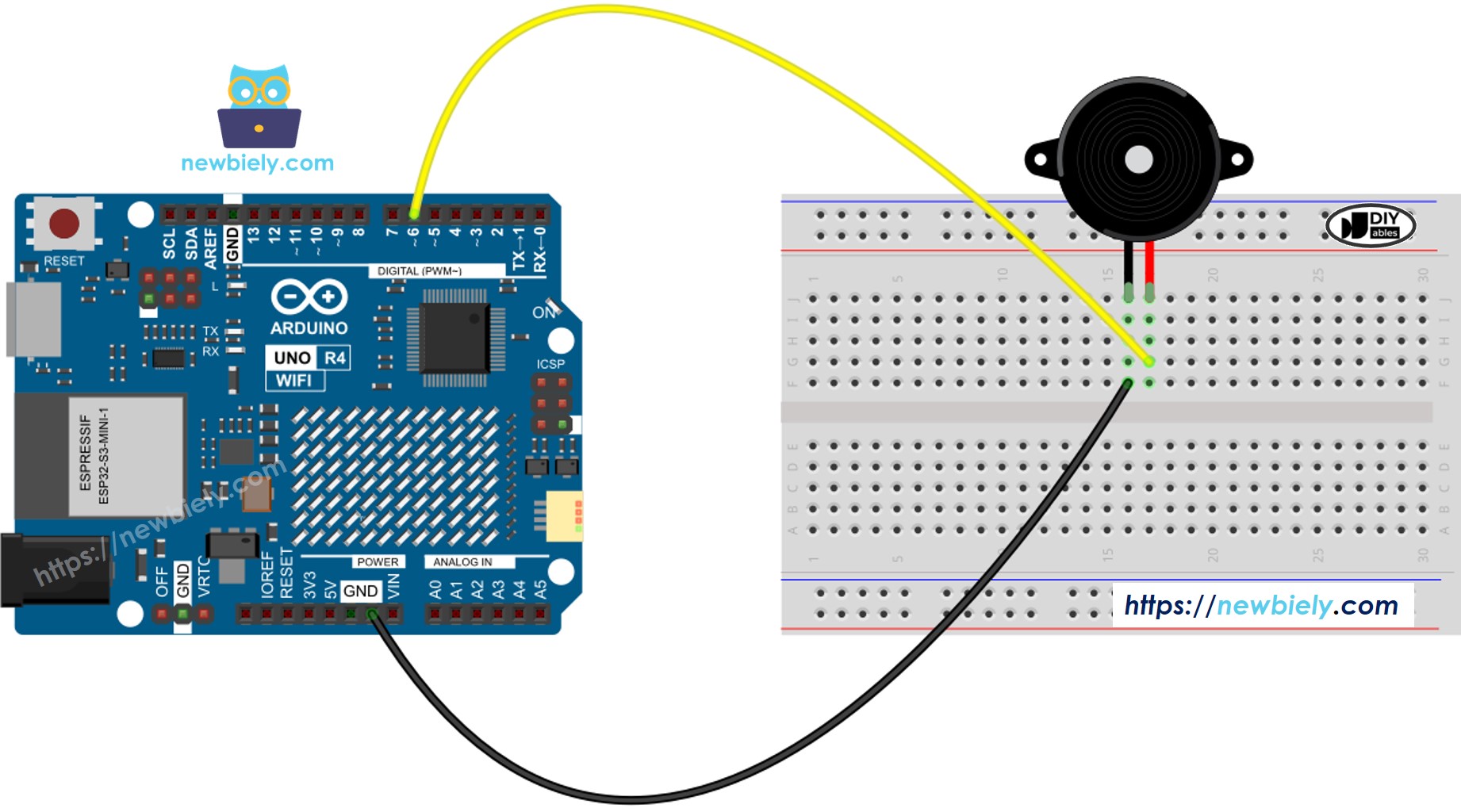 The wiring diagram between Arduino UNO R4 Buzzer