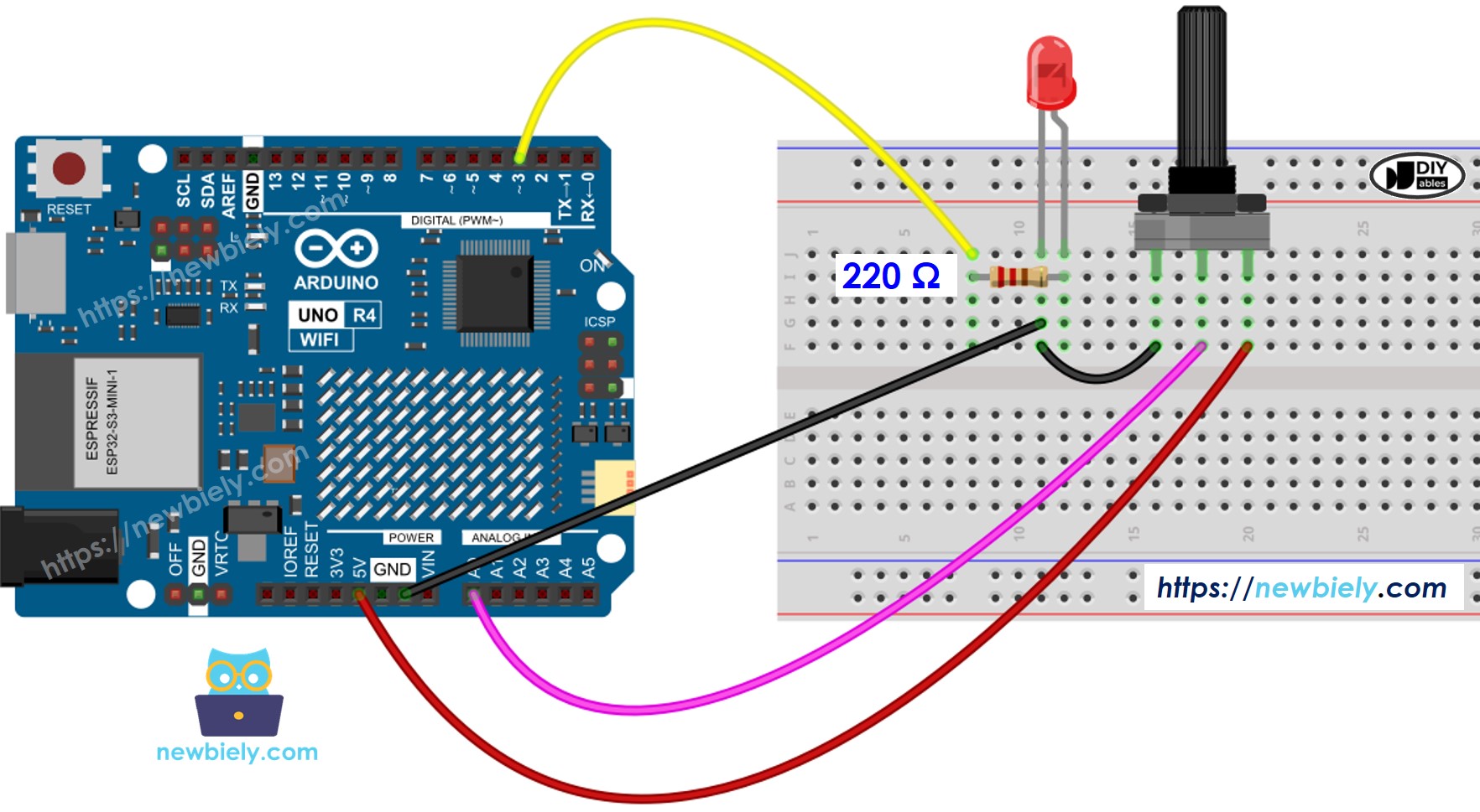 The wiring diagram between Arduino UNO R4 Rotary Potentiometer LED